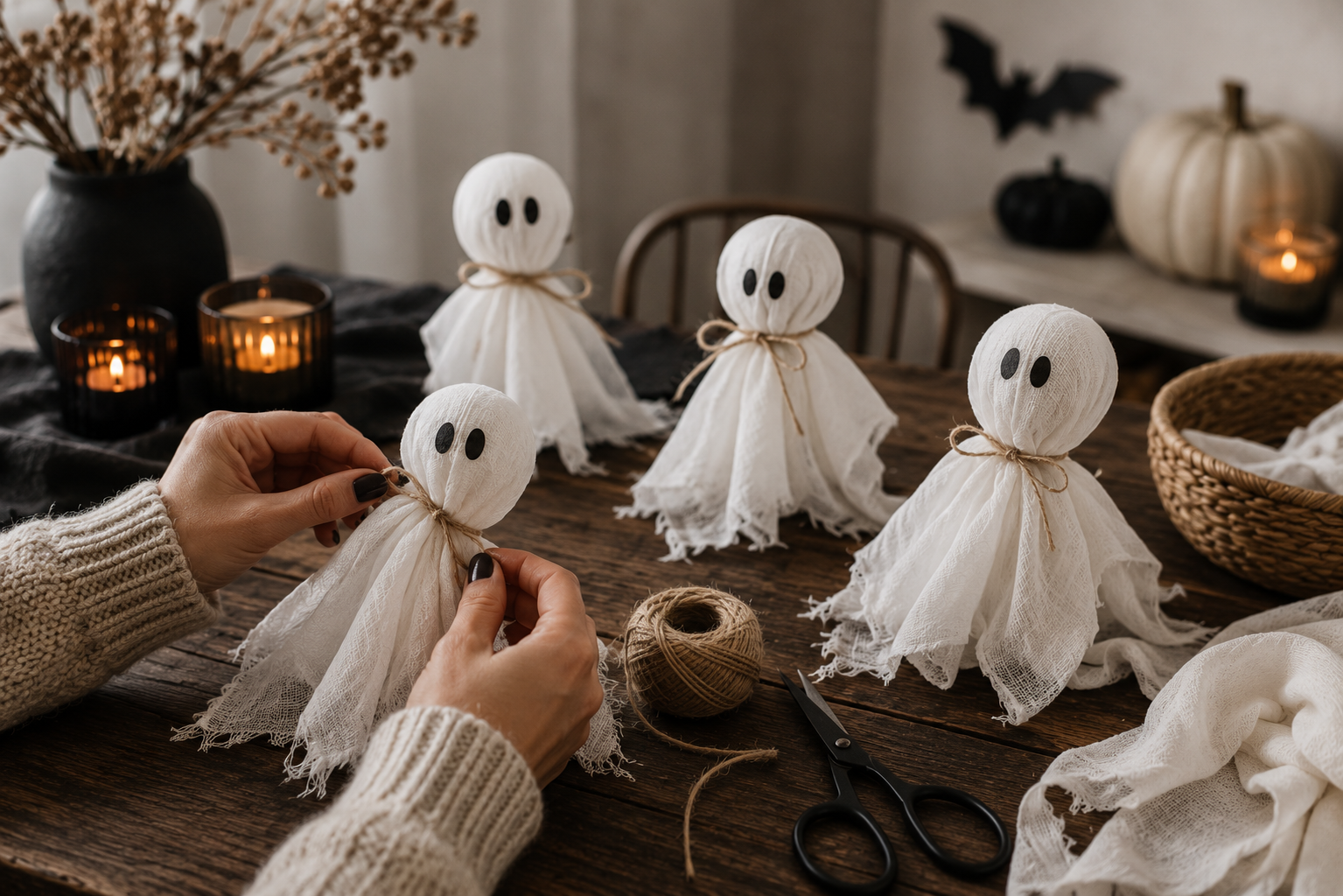 Hände formen einen kleinen Halloween-Geist aus hellem Stoff auf einem Holztisch.