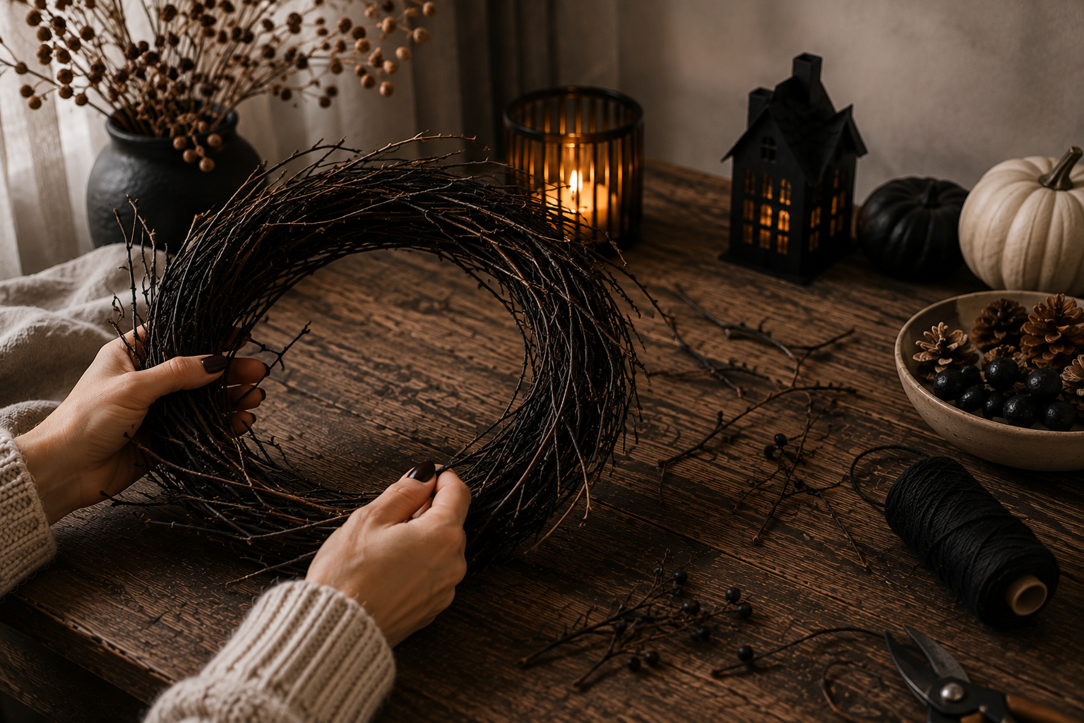 Hände binden einen lockeren Halloween-Kranz aus dunklen Zweigen.