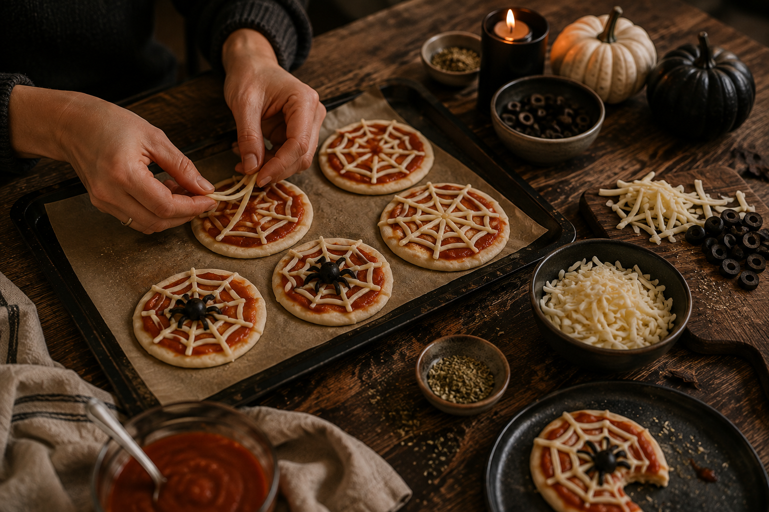 Halloween-Mini-Pizzen mit Spinnennetz