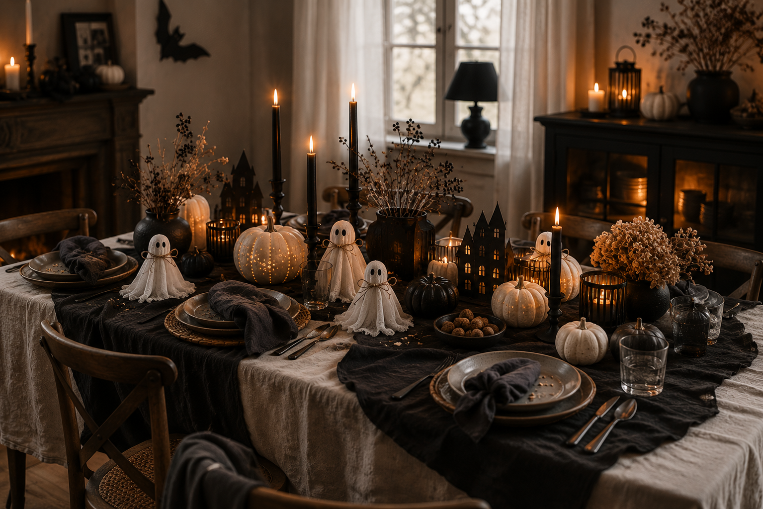 Herbstliche Halloween-Tafel mit selbst gemachten Geistern, Kürbissen und dunklen Papierdetails.