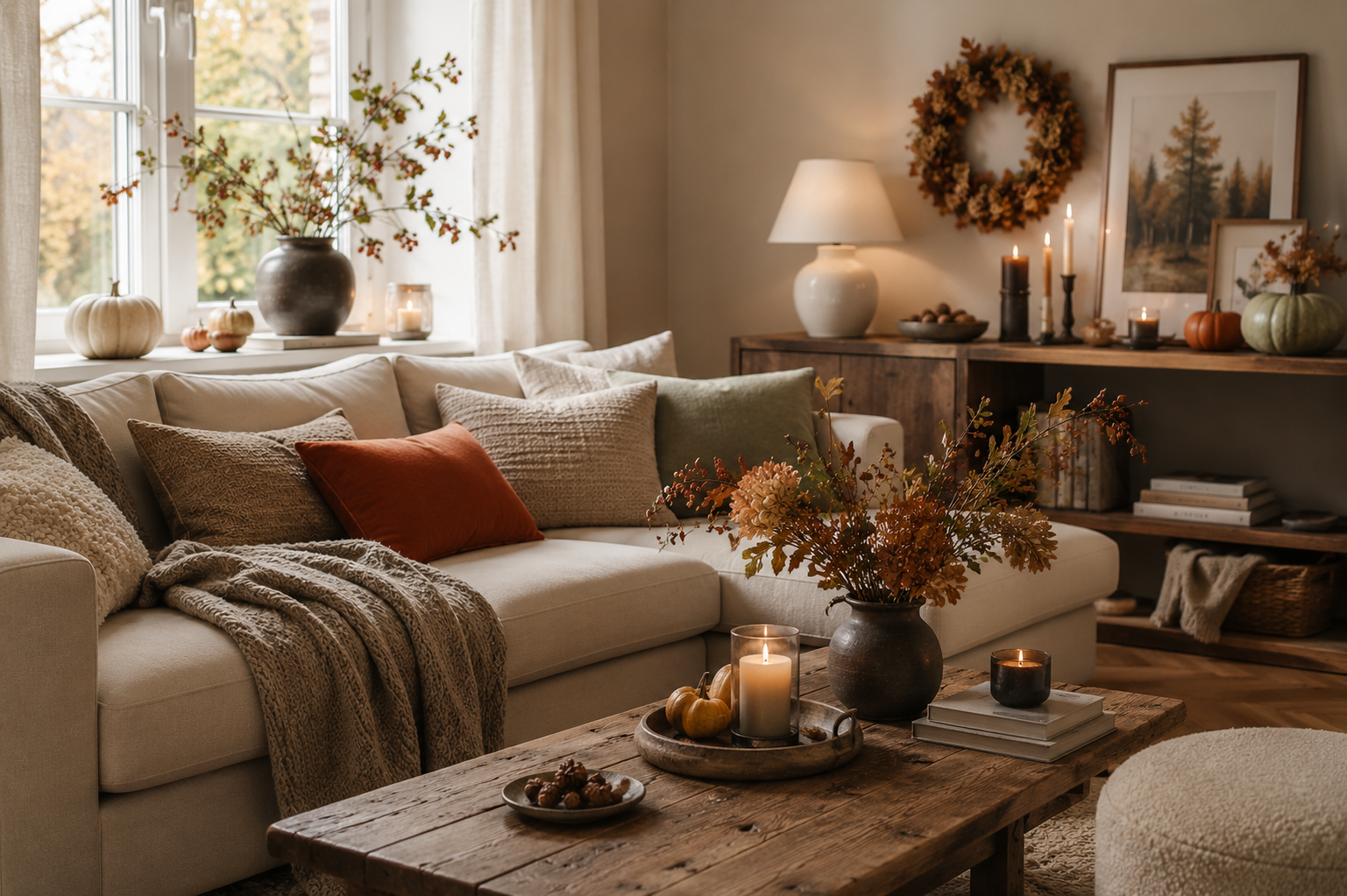 Helles Wohnzimmer mit natürlicher Herbstdeko, Zweigen, Kürbissen, Kerzen und warmen Textilien