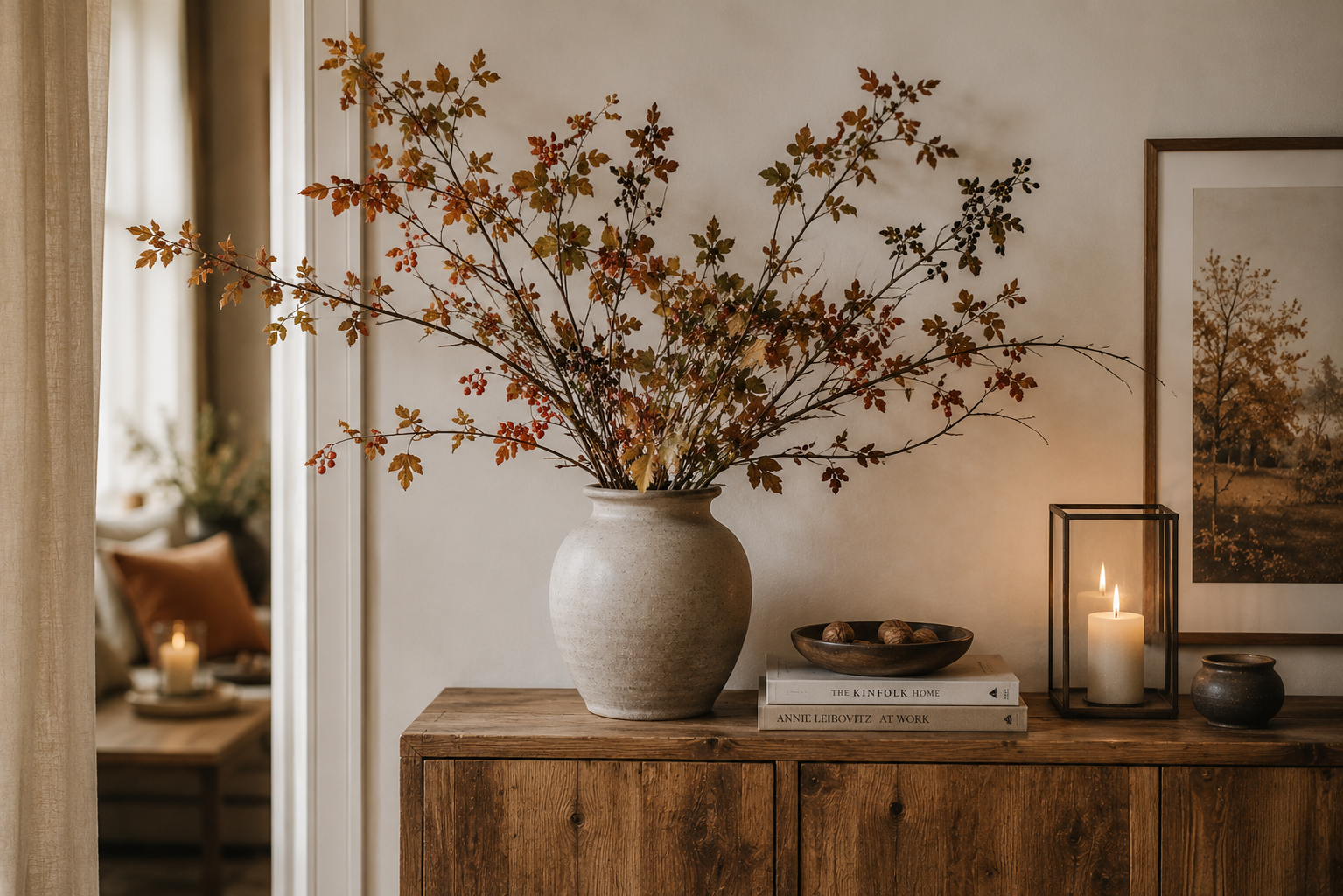 Große Keramikvase mit locker arrangierten Herbstzweigen auf einem Sideboard