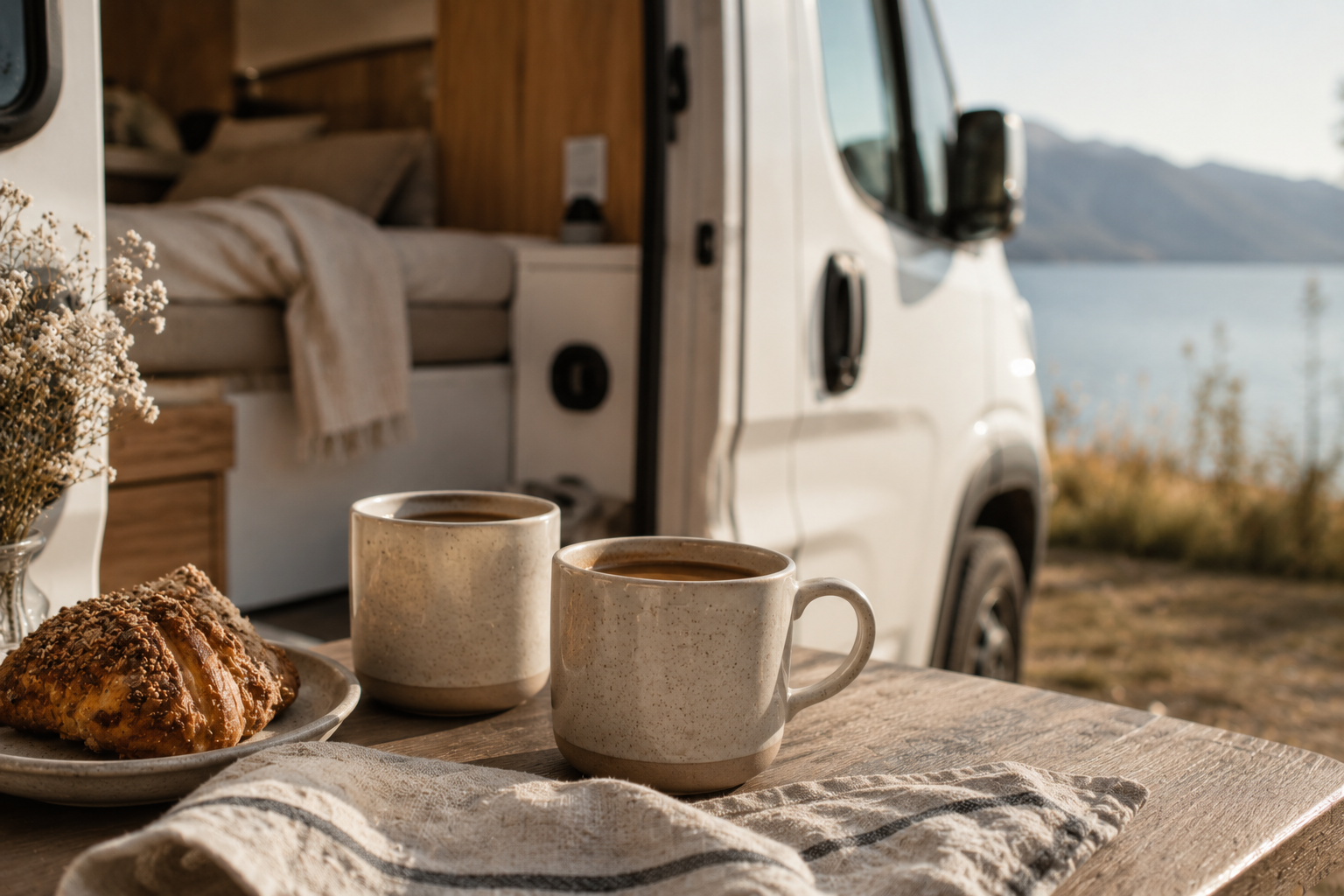 Zwei Kaffeetassen mit Gebäck auf einem Holztisch vor einem Wohnmobil am See.