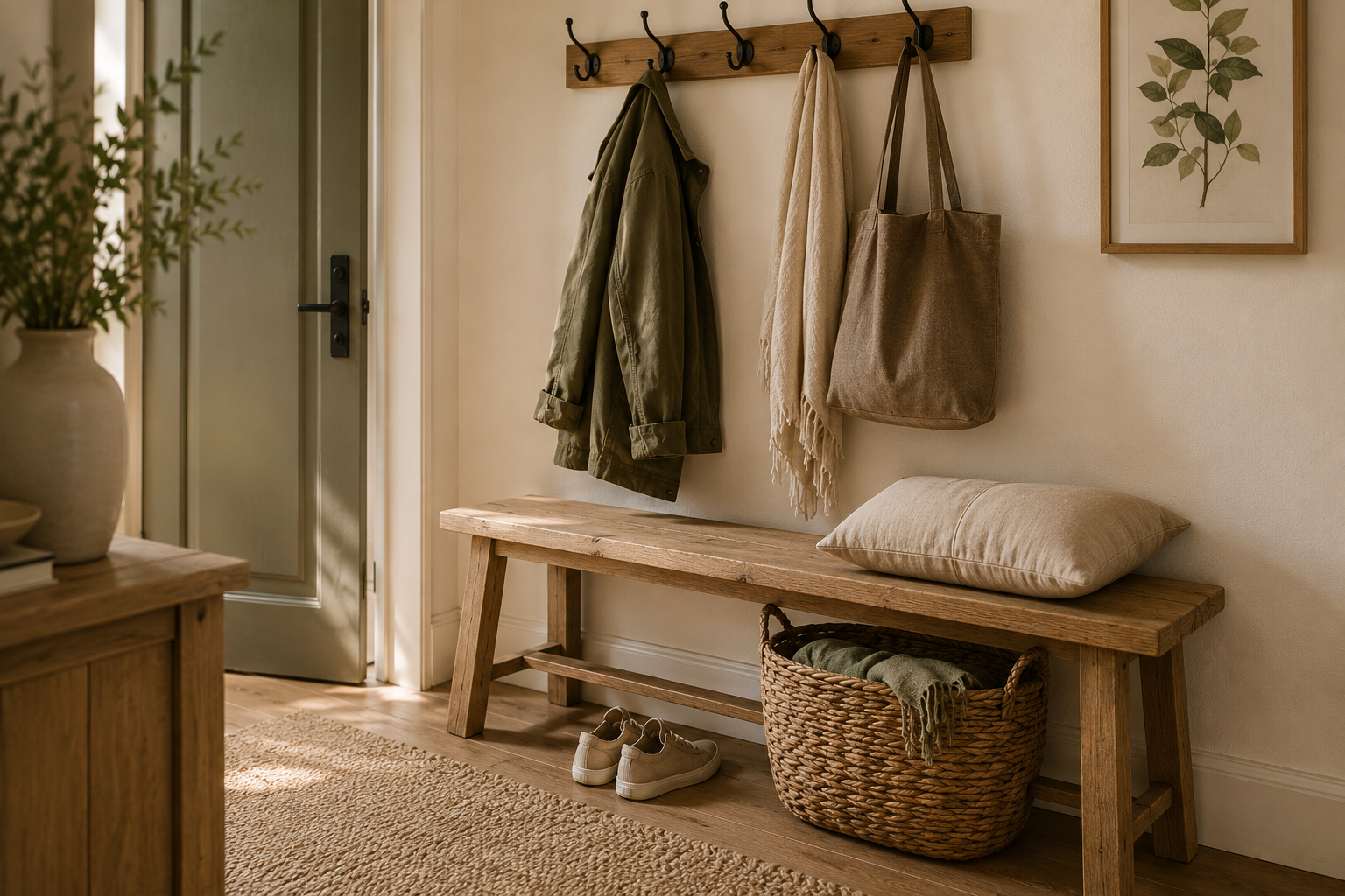 Kleine Holzbank im Flur mit Garderobenhaken, zwei Jacken, Stofftasche, Korb und Schuhen.