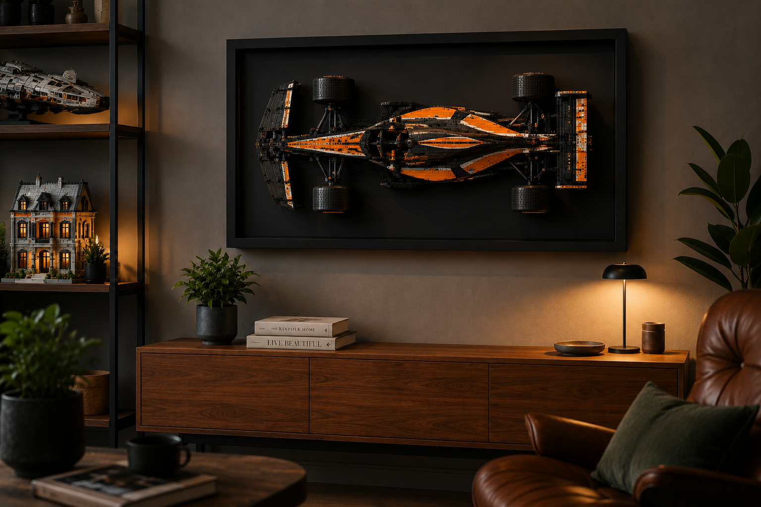 Orange-schwarzer Klemmbaustein-Rennwagen in einem großen schwarzen Wanddisplay über einem Sideboard im Wohnbereich