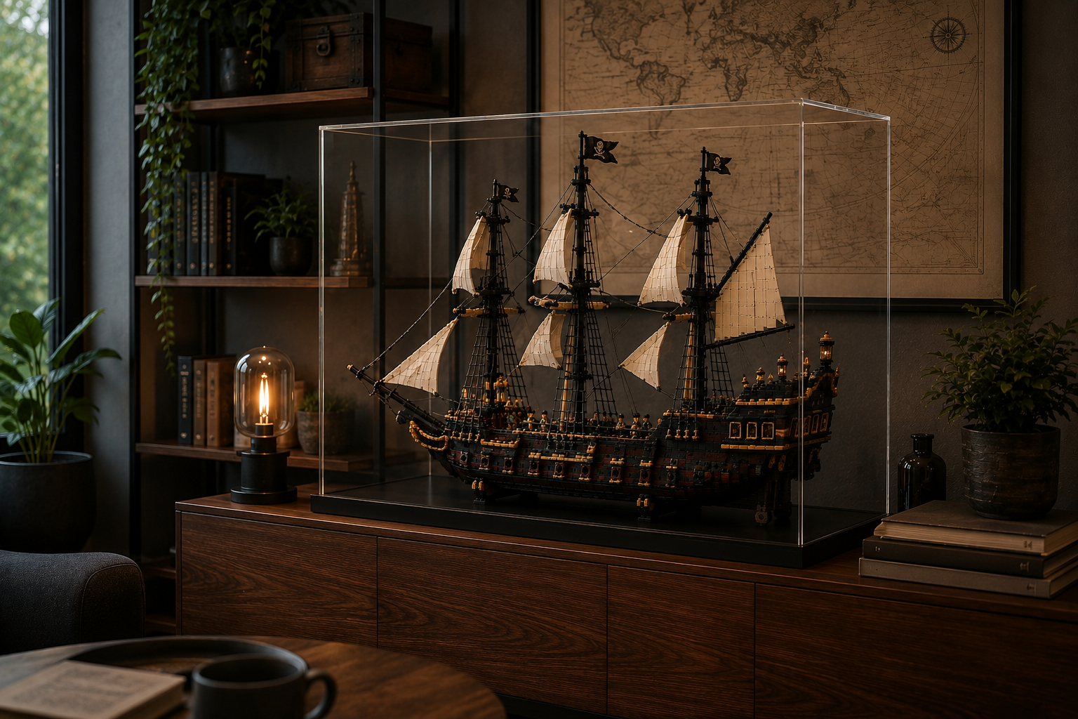 Großes Klemmbaustein-Segelschiff mit hellen Segeln in einer transparenten Displaybox auf einem dunklen Holz-Sideboard