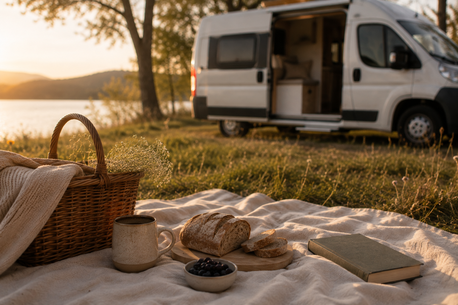 Picknickdecke mit Korb, Kaffeetasse, Brot und Buch auf einer Wiese vor einem Wohnmobil am See.
