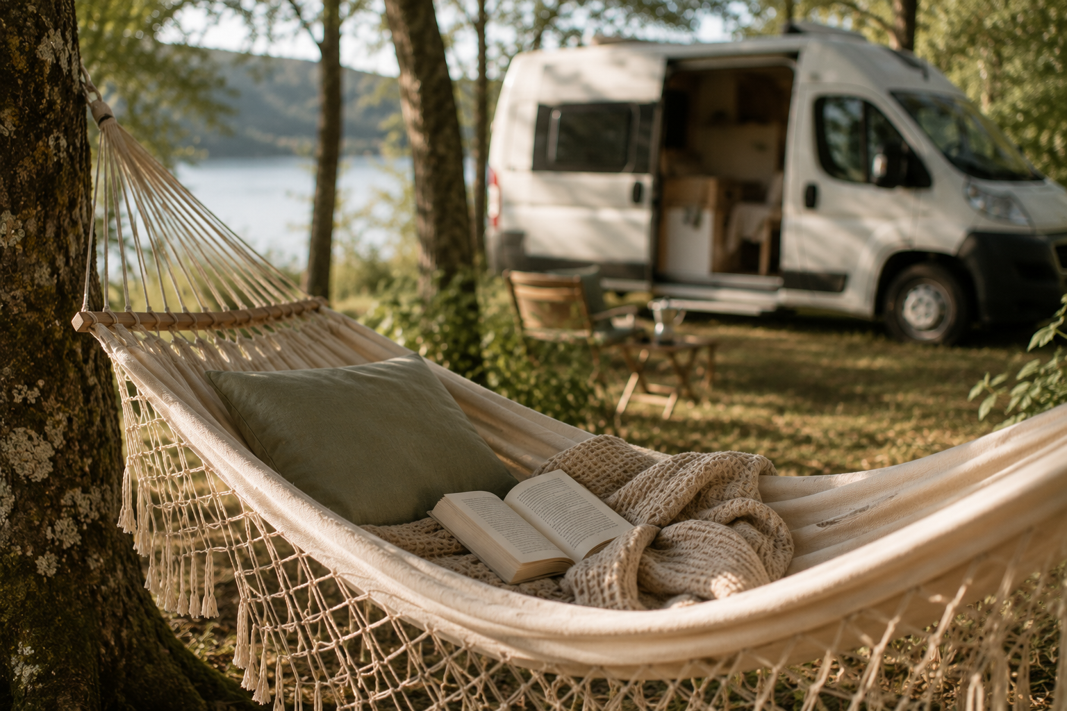 Helle Reisehängematte mit Buch und Decke zwischen Bäumen, mit einem Wohnmobil am See im Hintergrund.