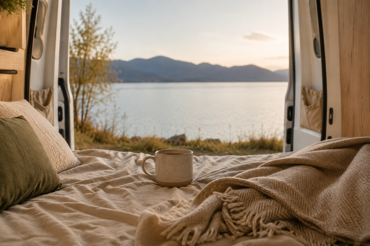 Gemütliches Bett mit Decke und Kaffeetasse im Wohnmobil mit Blick durch die geöffneten Türen auf einen See.