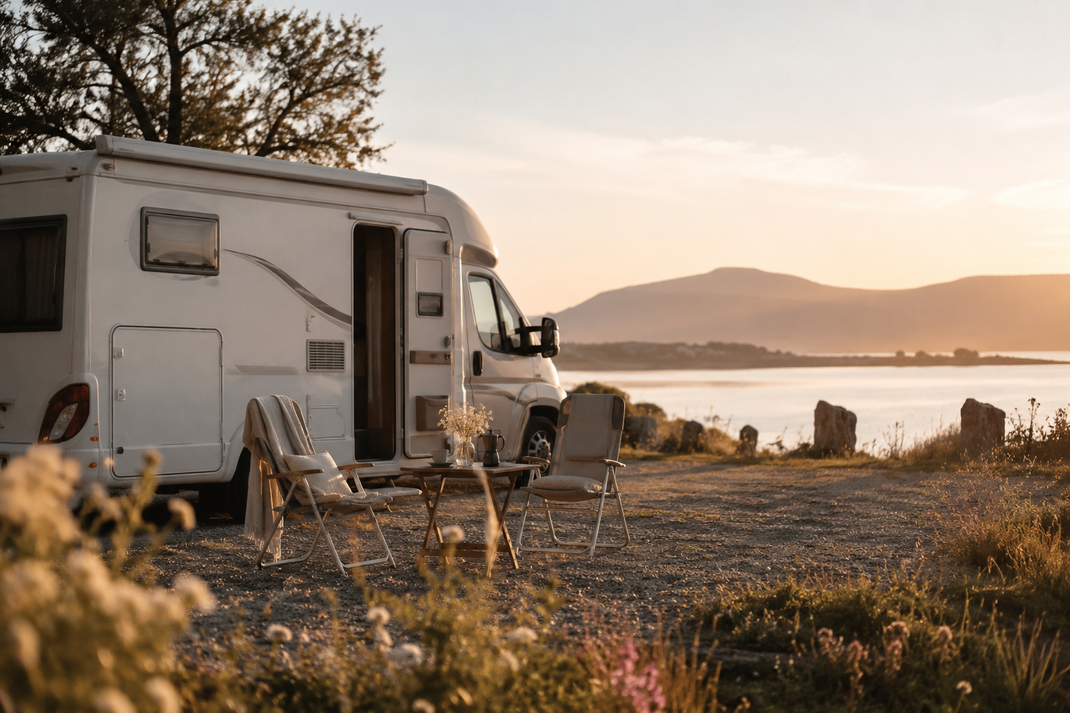 Wohnmobil an einem ruhigen See mit zwei Campingstühlen und einem kleinen Tisch im warmen Abendlicht.