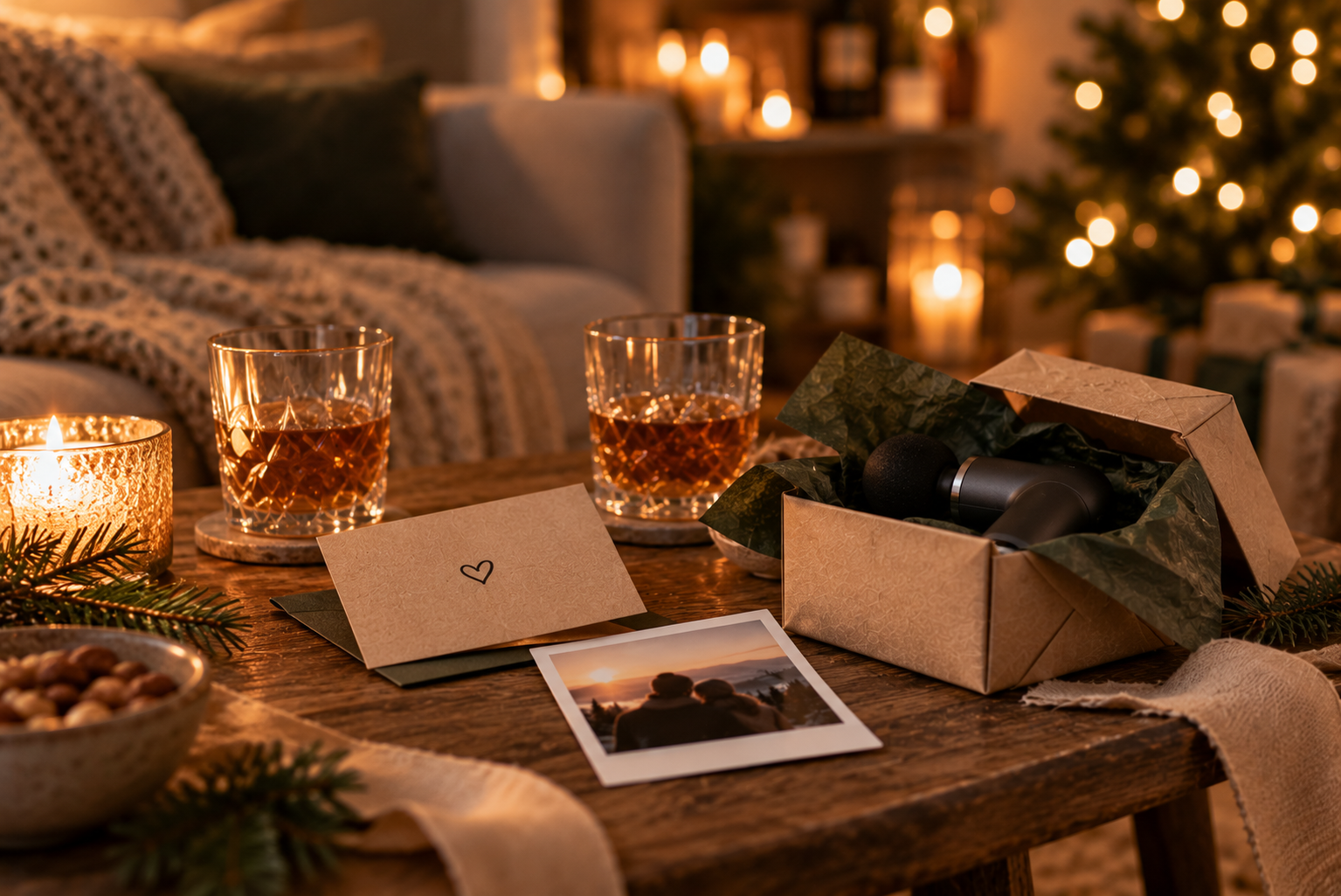 Persönliche Karte und zwei Gläser für gemeinsame Zeit am Weihnachtsabend