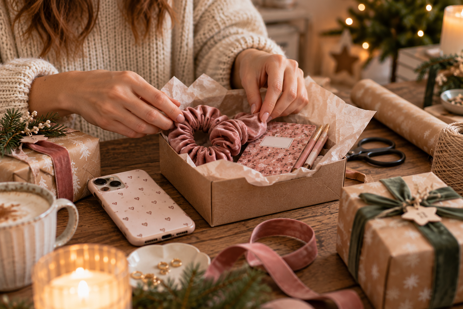 Handyhülle und Satin-Scrunchie neben einem geöffneten Adventspäckchen