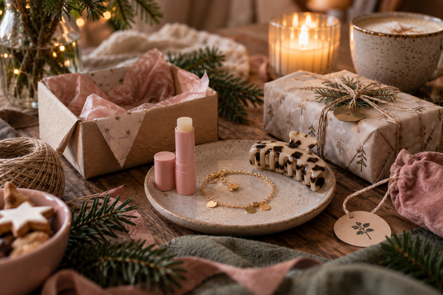 Lipbalm, Schmuck und Haarclip als Füllideen für einen Teenager-Adventskalender