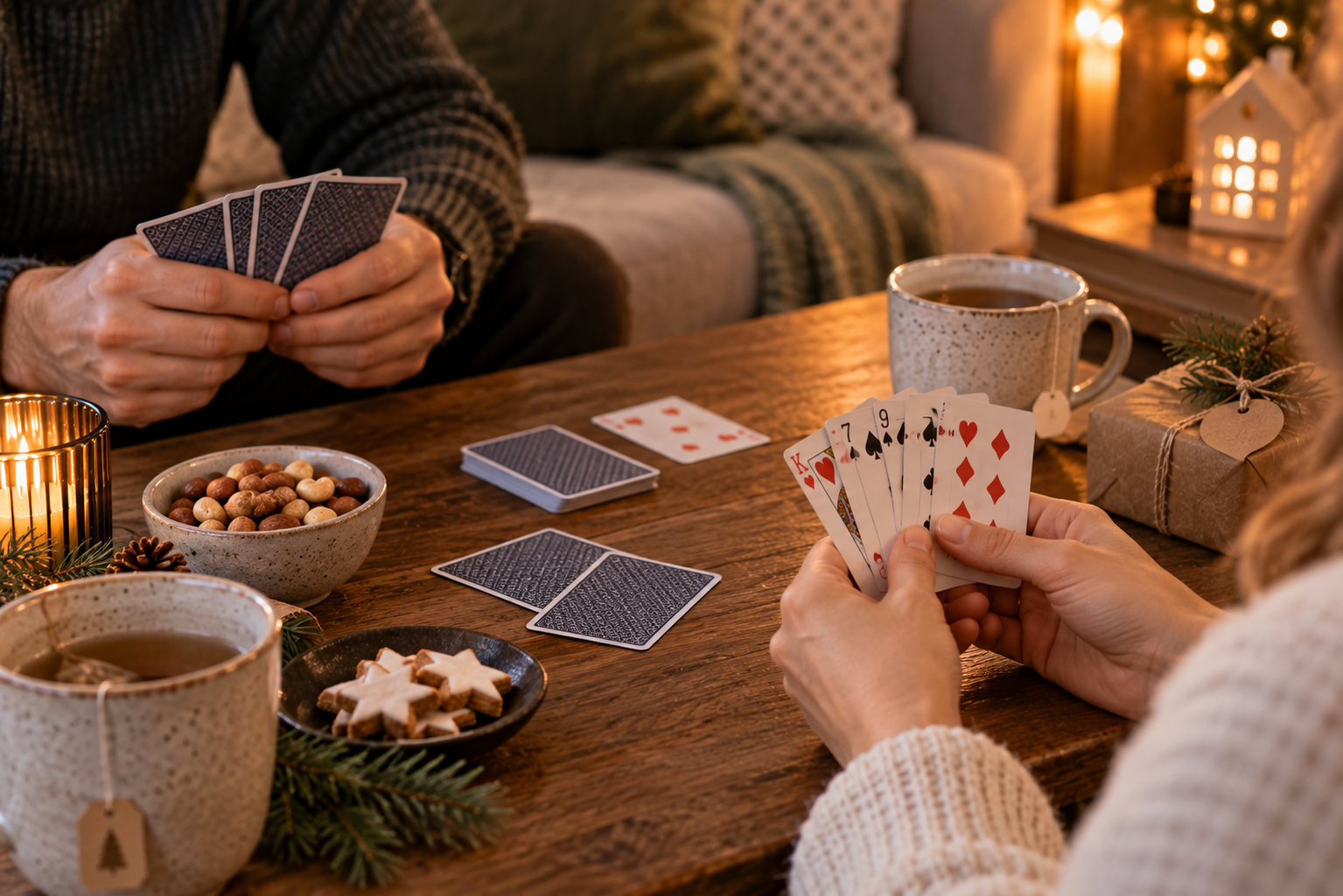 Paar spielt an einem gemütlichen Winterabend gemeinsam Karten