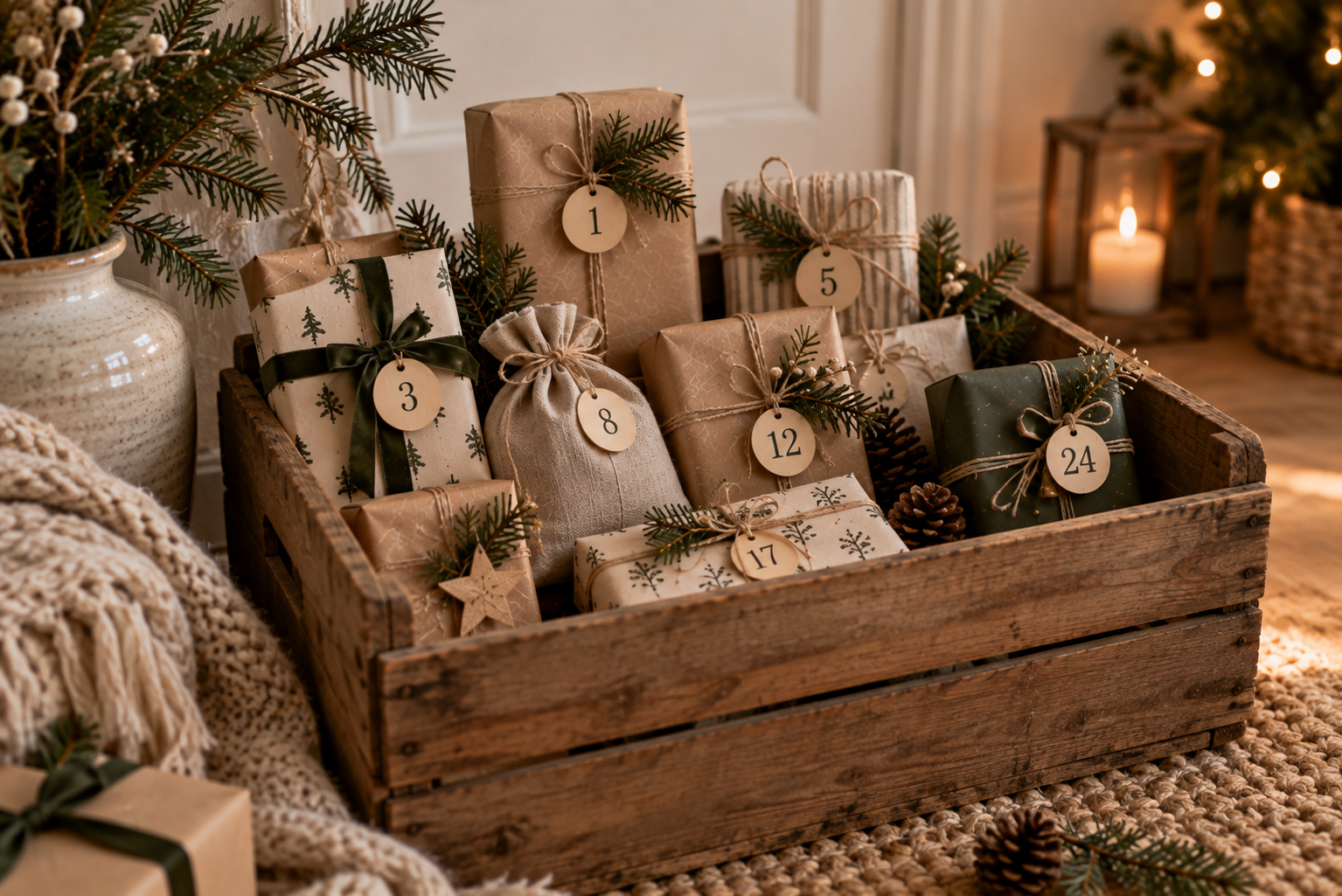 Selbst verpackte Adventsgeschenke sind in einer Holzkiste arrangiert