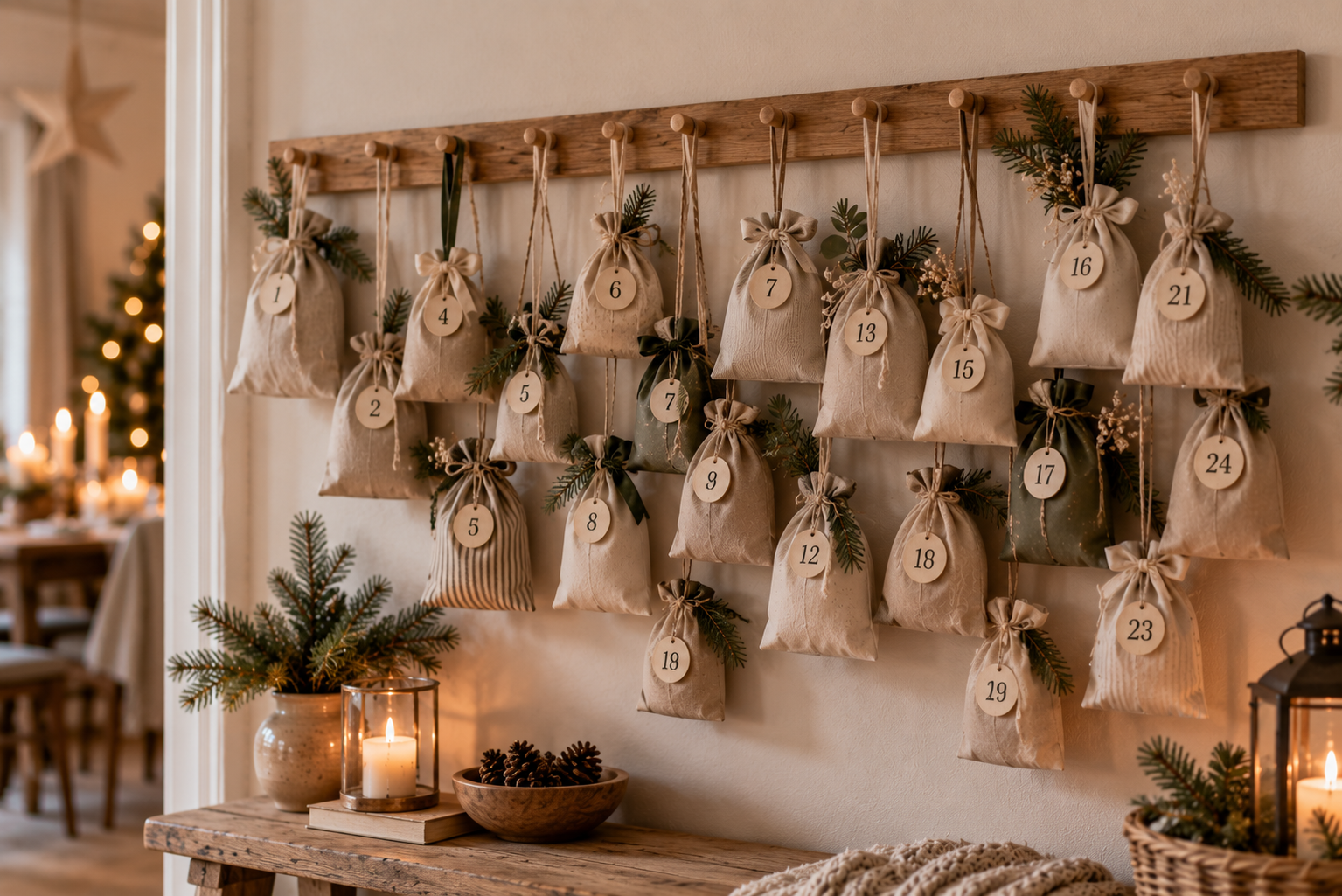 Kleine Adventskalender-Säckchen hängen an einer schlichten Holzleiste