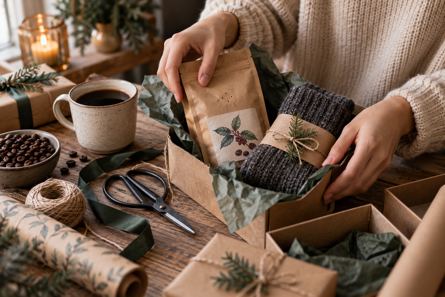Hände verpacken Kaffee und warme Socken für einen Adventskalender