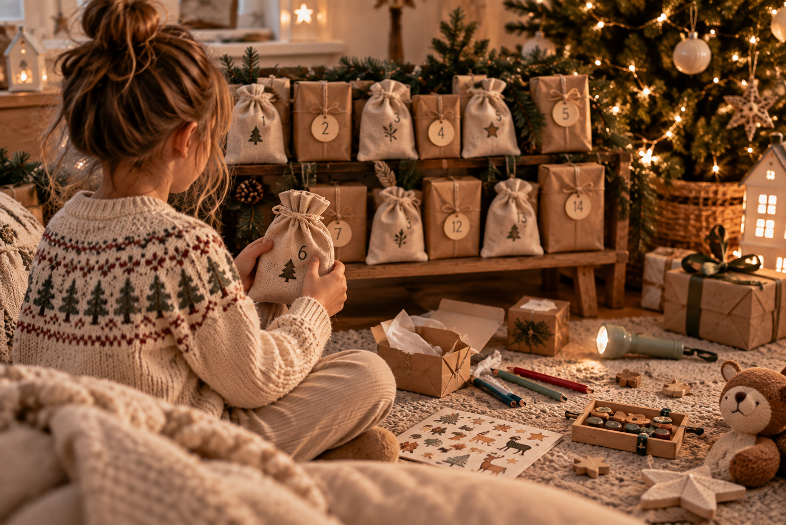 Kind sitzt vor einem selbst gefüllten Adventskalender mit kleinen Päckchen und Überraschungen.