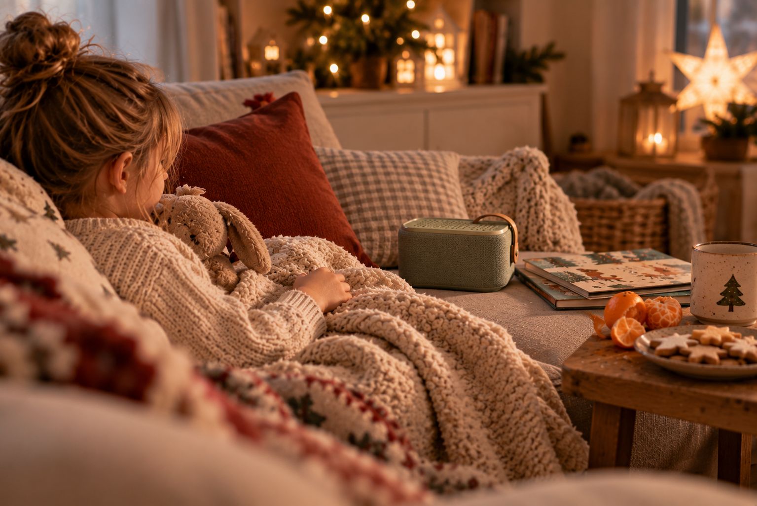 Kind liegt mit einer Decke auf dem Sofa und hört an einem winterlichen Nachmittag ein Hörspiel.