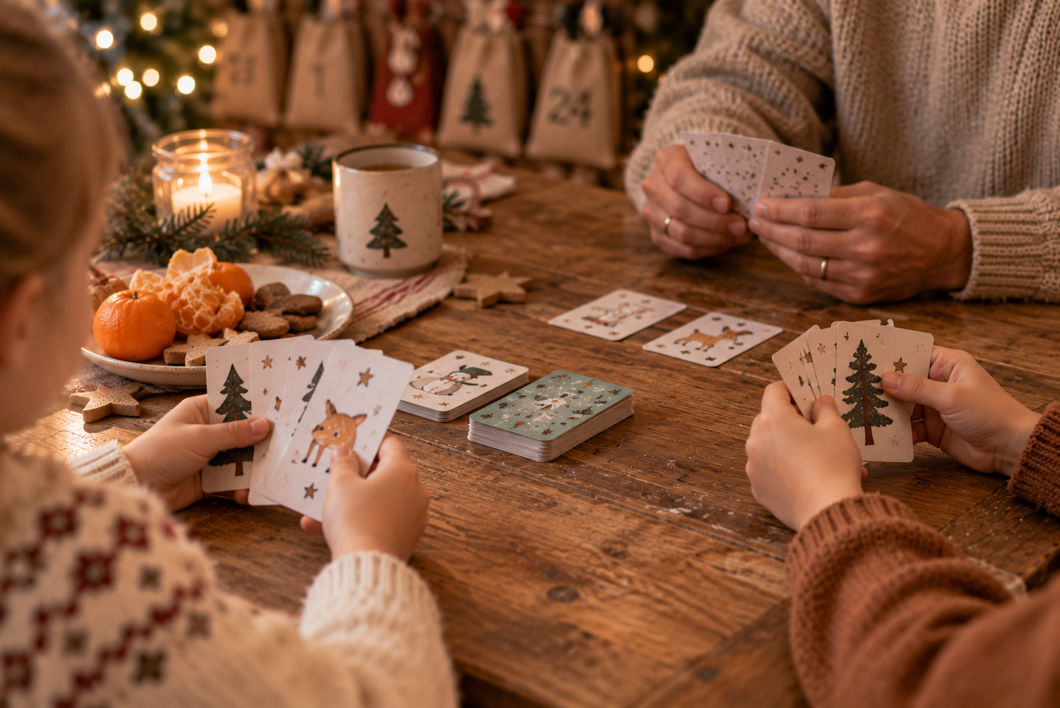 Familie spielt an einem winterlich gedeckten Holztisch gemeinsam ein Kartenspiel.