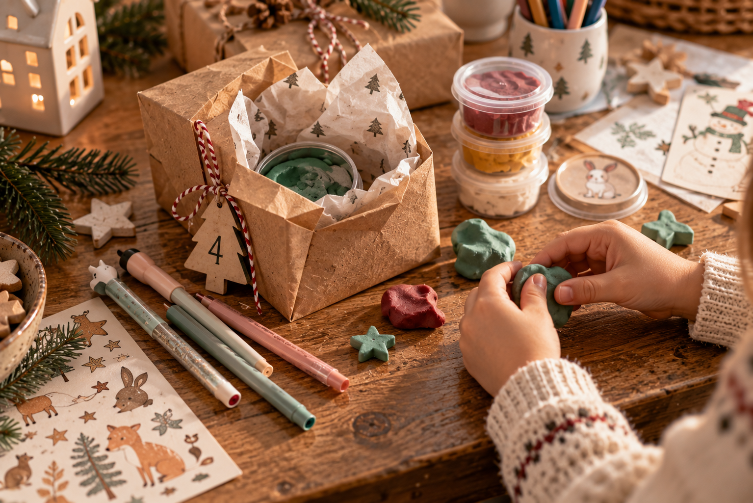 Kind von hinten in Winterjacke und Mütze bei einem frühen Dezemberabend draußen. In der Hand eine kleine Taschenlampe, daneben ein Elternteil. Warm beleuchtete Häuser unscharf im Hintergrund, natürliche Bewegung statt gestellter Pose.