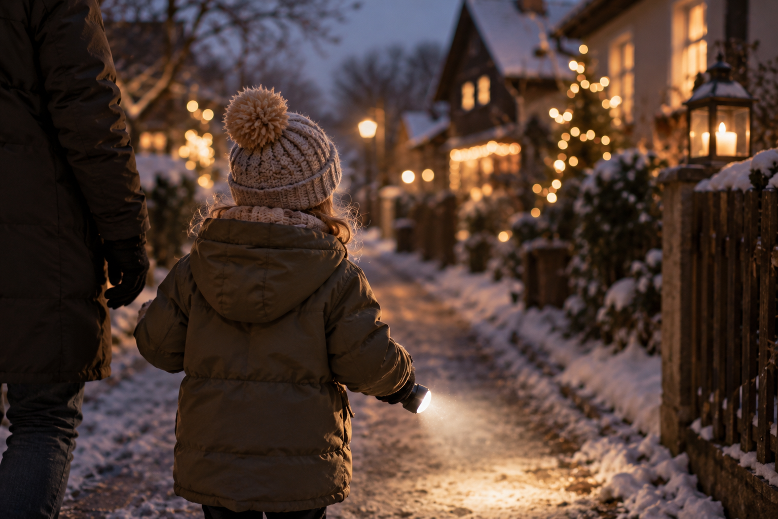 Kind und erwachsene Person gehen am Winterabend mit einer Taschenlampe spazieren.
