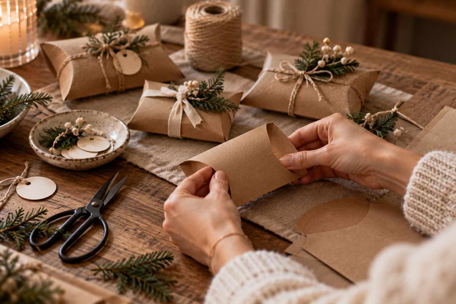 Hände falten eine kleine Kissenschachtel aus Papier für einen Adventskalender