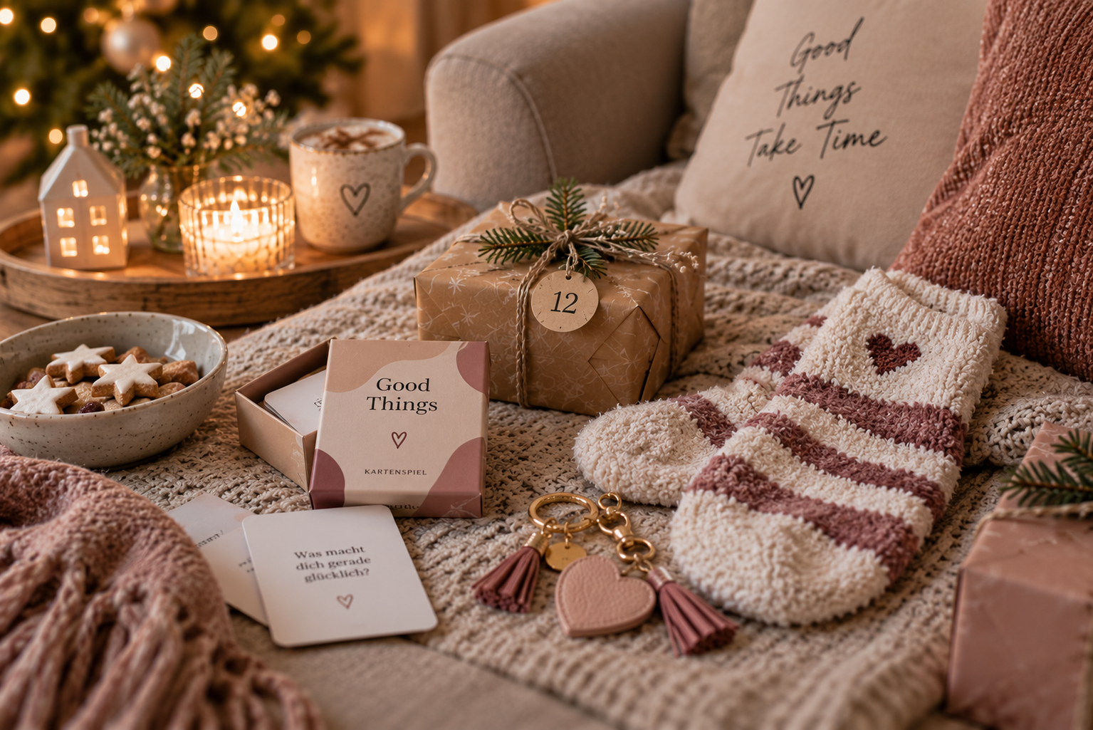 Kuschelsocken, Kartenspiel und Taschenanhänger als kleine Geschenke für Teenager