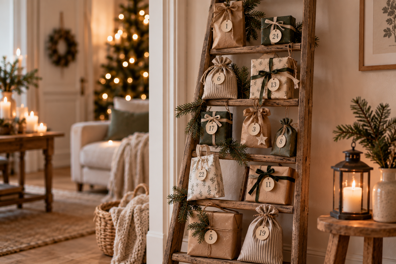 Adventspäckchen und kleine Tüten hängen an einer Holzleiter