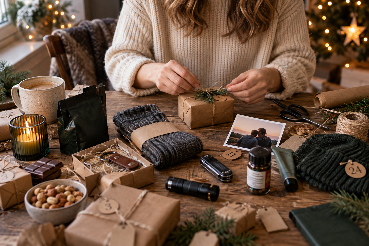 Frau befüllt einen Adventskalender für einen Mann mit kleinen Geschenken