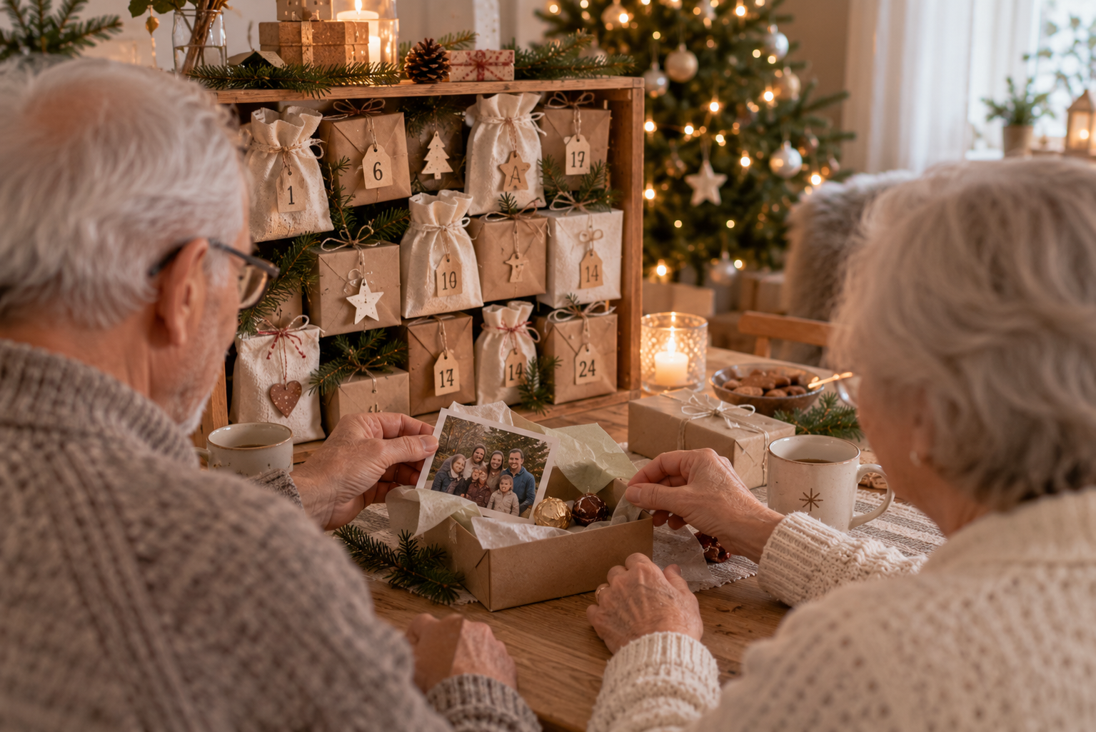 Älteres Paar sitzt an einem Tisch vor einem selbst gefüllten Adventskalender mit kleinen Päckchen.