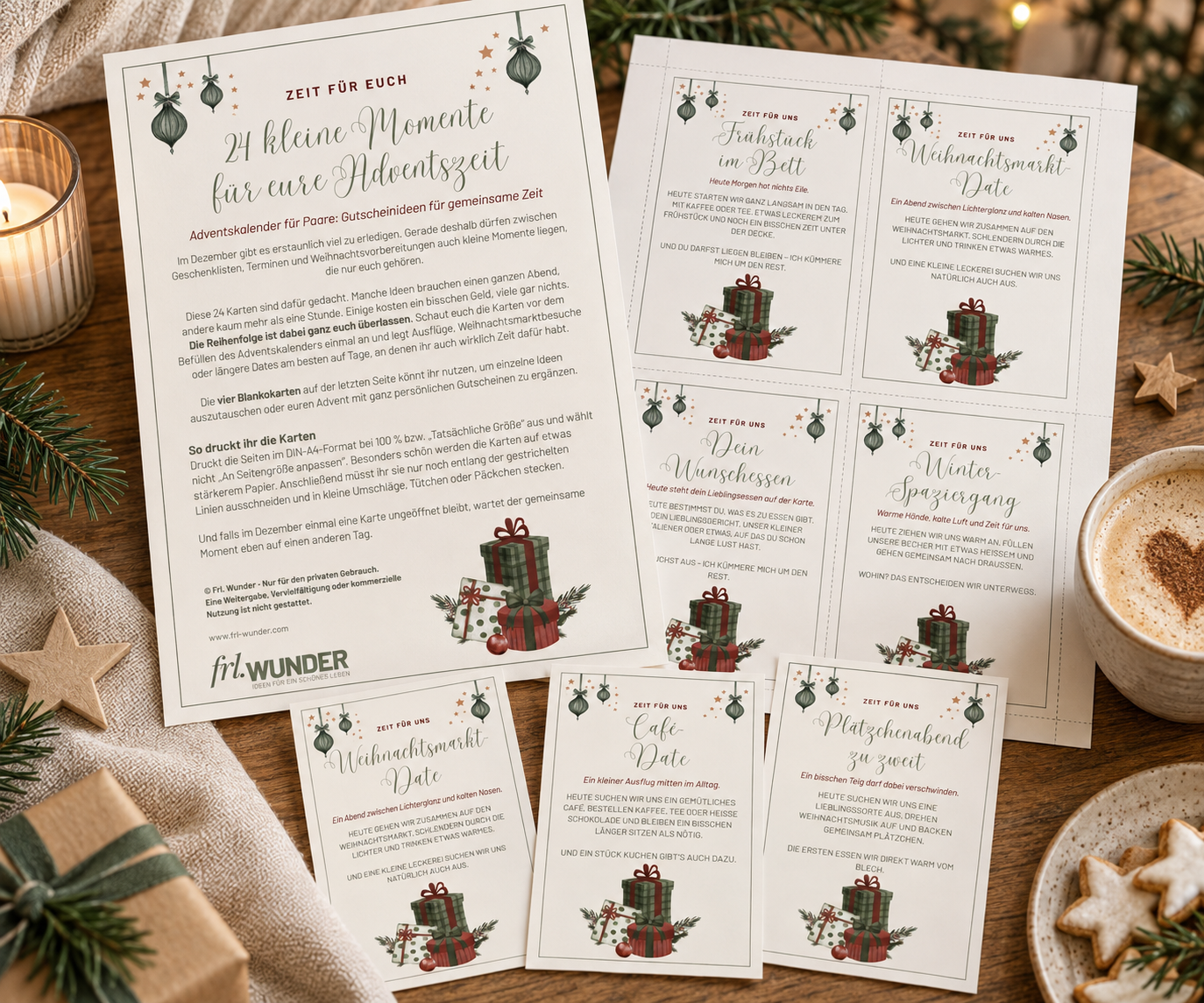 24 Adventsmomente für Paare – PDF zum Ausdrucken Druckvorlage für einen Adventskalender für Paare mit 24 Gutscheinkarten für gemeinsame Zeit im Advent.