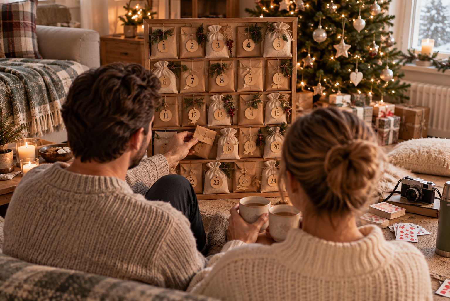 Paar sitzt vor einem selbst gefüllten Adventskalender mit kleinen Umschlägen und Stoffbeuteln.