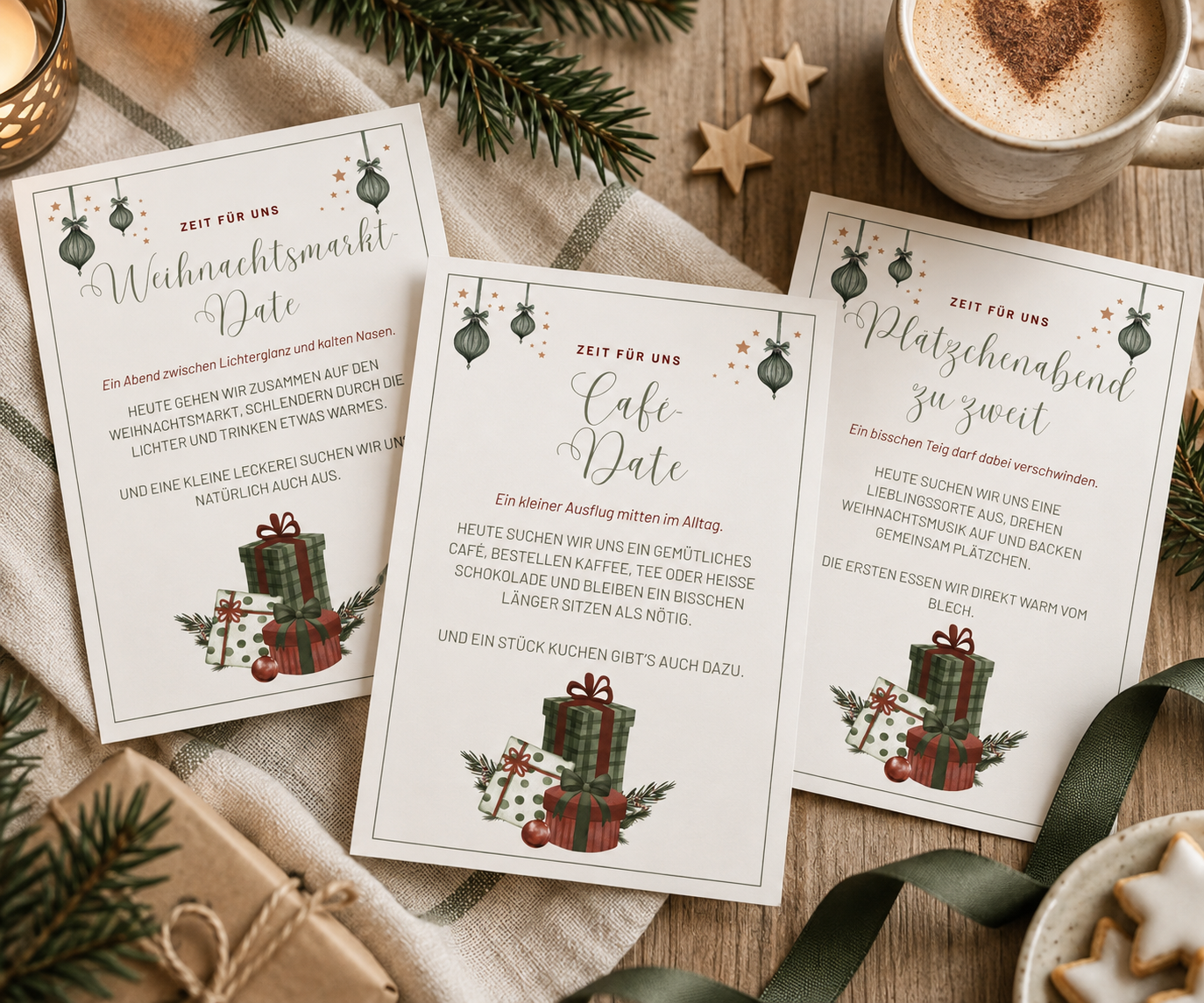 Drei Gutscheinkarten für einen Adventskalender für Paare mit Ideen für gemeinsame Zeit im Advent.