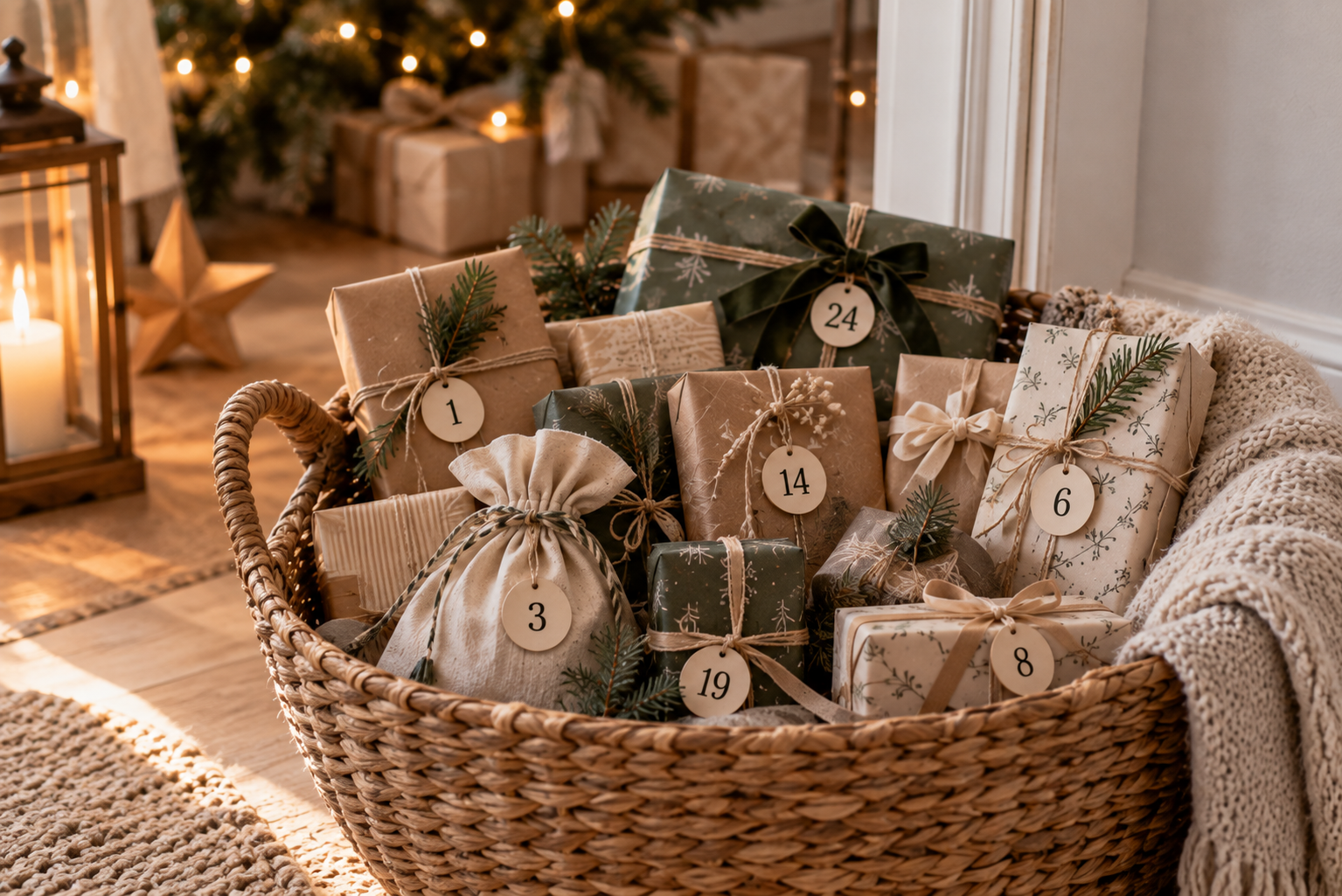 Kleine nummerierte Adventspäckchen liegen in einem großen geflochtenen Korb