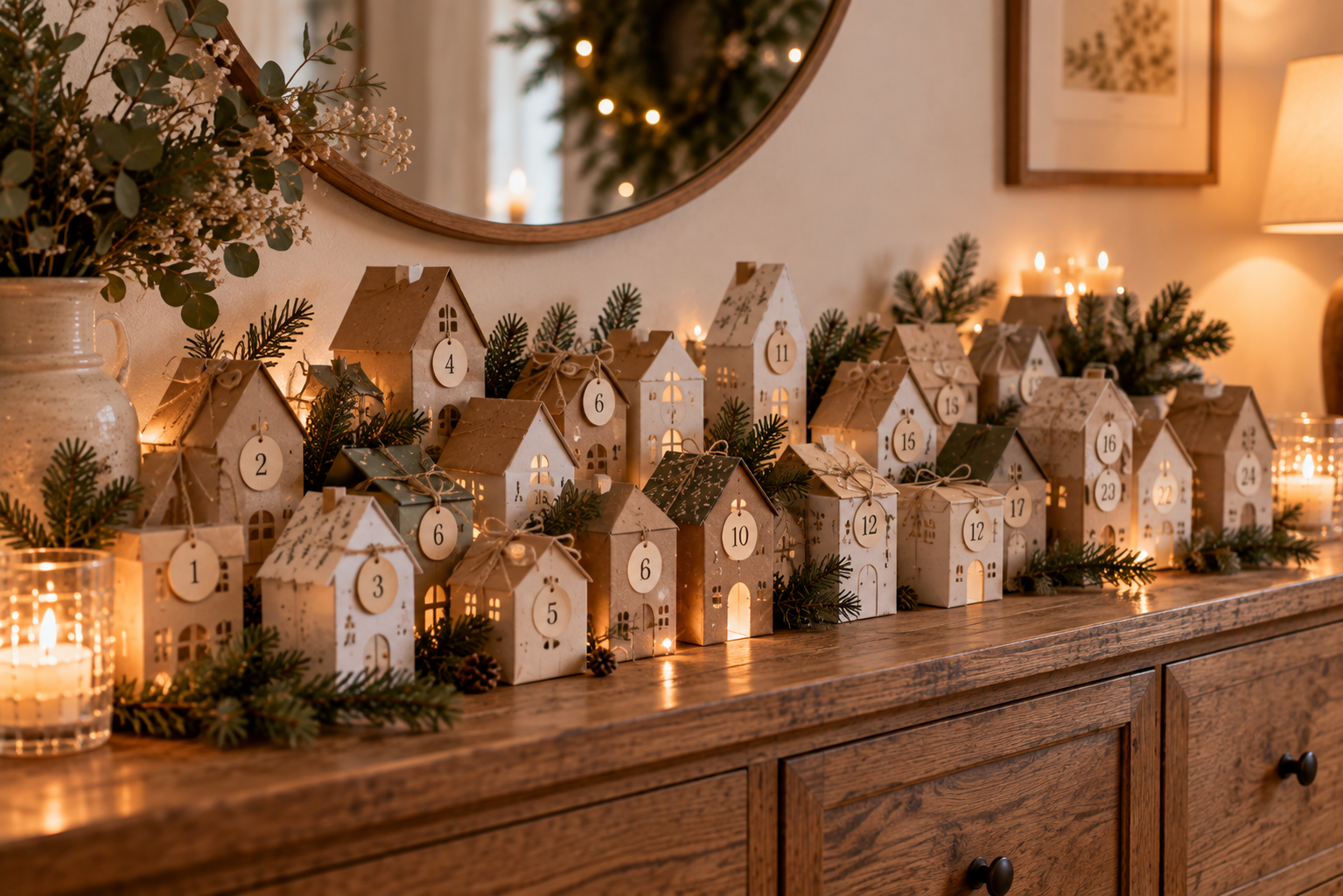 Selbst gebastelte Papierhäuschen bilden einen Adventskalender auf einem Sideboard
