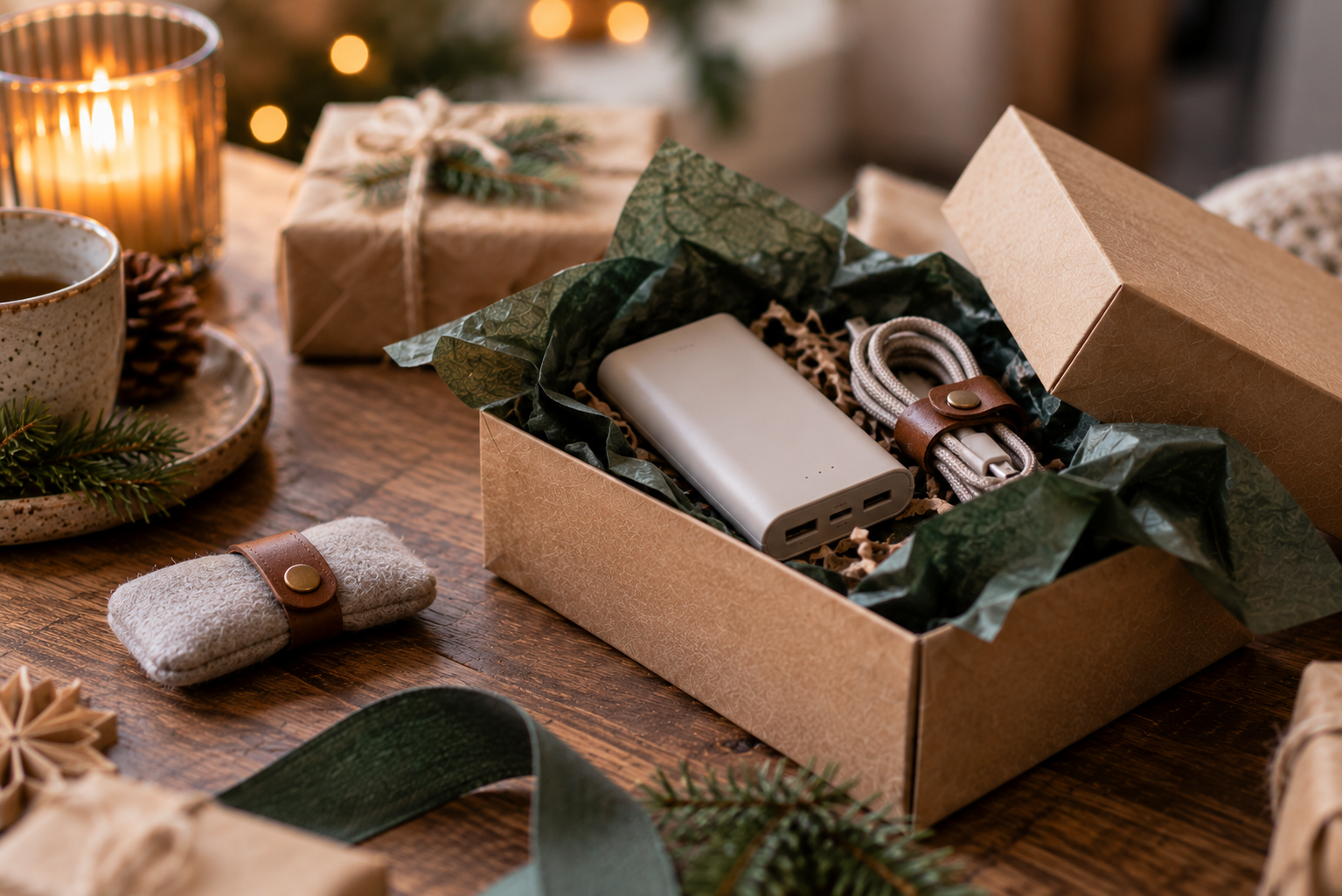 Kleine Powerbank und Ladekabel in einem geöffneten Adventskalender-Päckchen