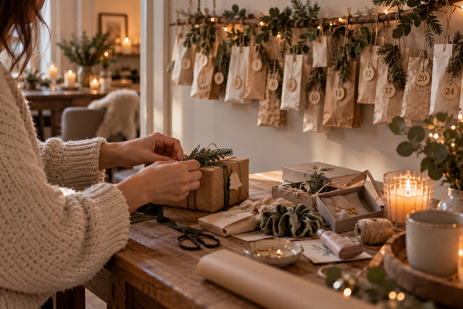Hände verpacken kleine Geschenke für einen selbst gemachten Adventskalender