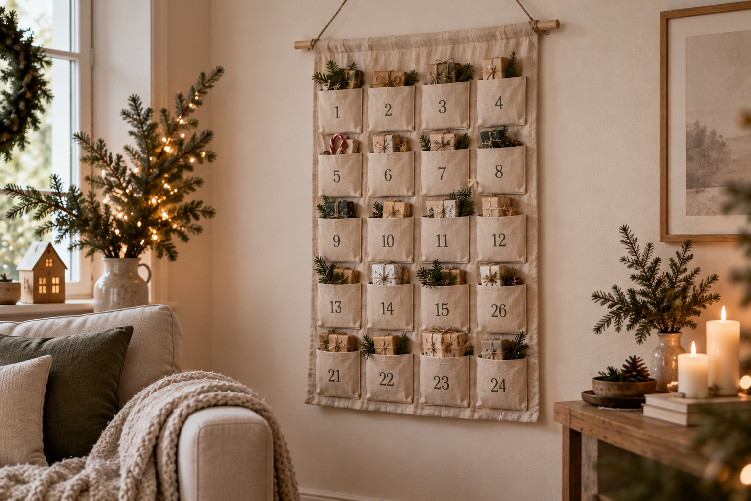 Wiederverwendbarer selbst genähter Adventskalender mit 24 Stofftaschen