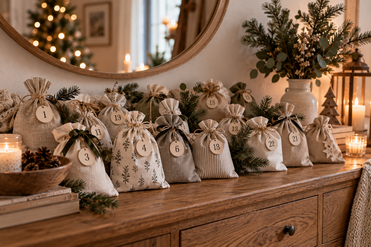 Wiederverwendbare Stoffsäckchen mit Zahlen als Adventskalender