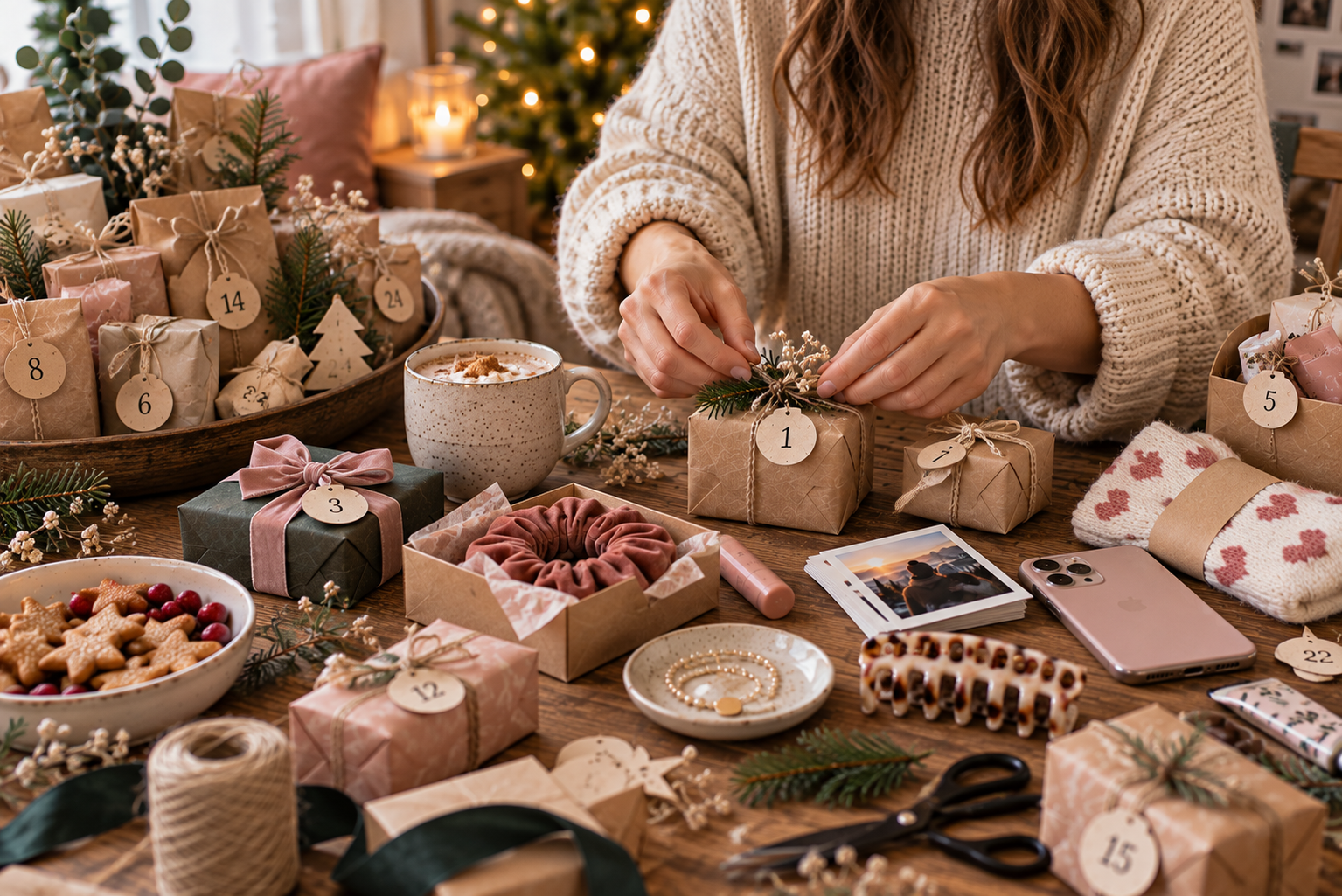 Hände befüllen einen Adventskalender für ein Teenager-Mädchen mit kleinen Geschenken