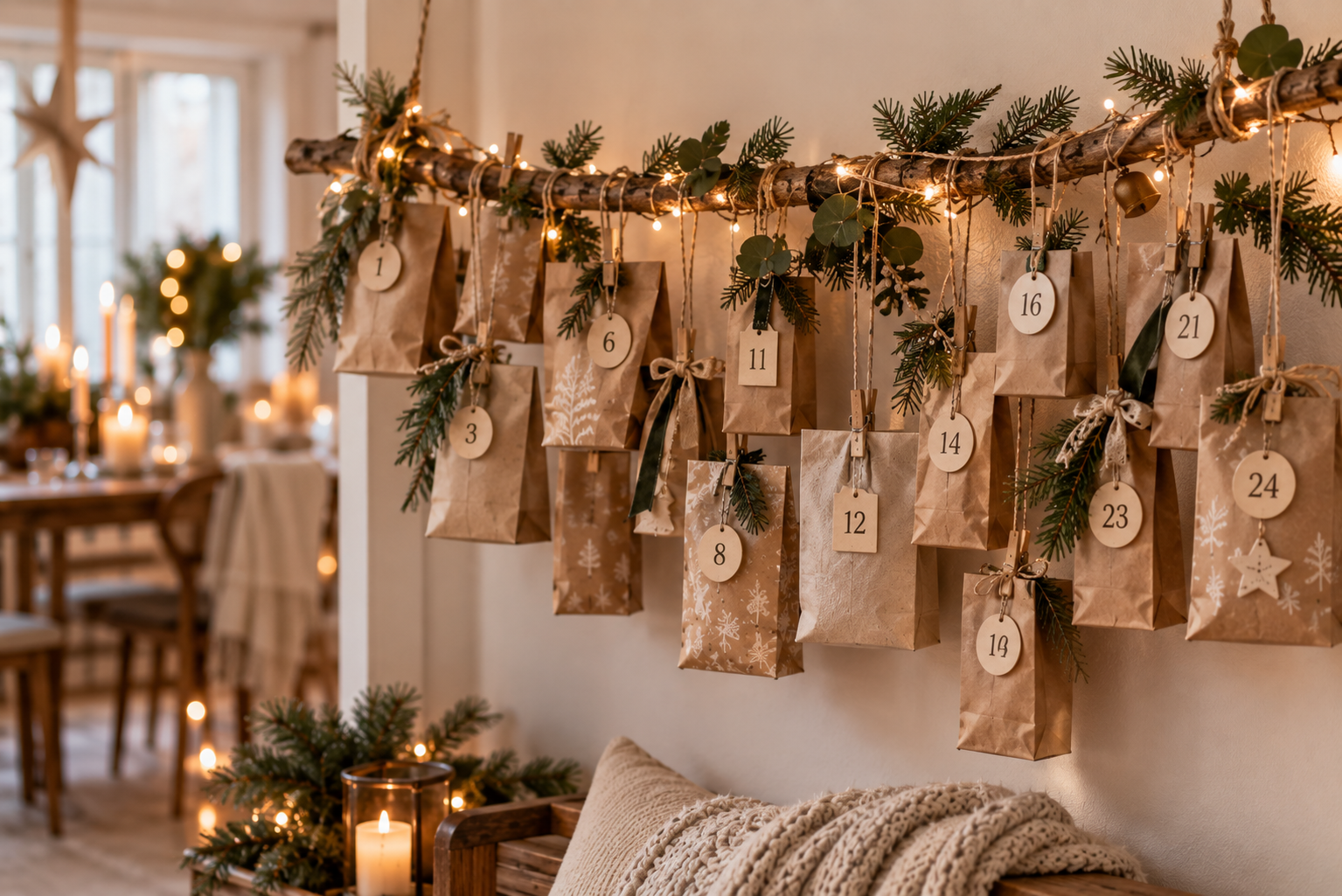 24 kleine Papiertüten hängen als Adventskalender an einem As
