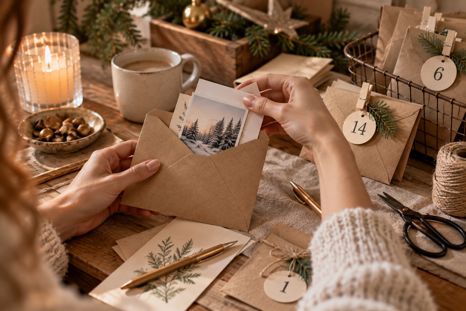 Hände befüllen einen Adventskalender-Umschlag mit Foto und Gutschein