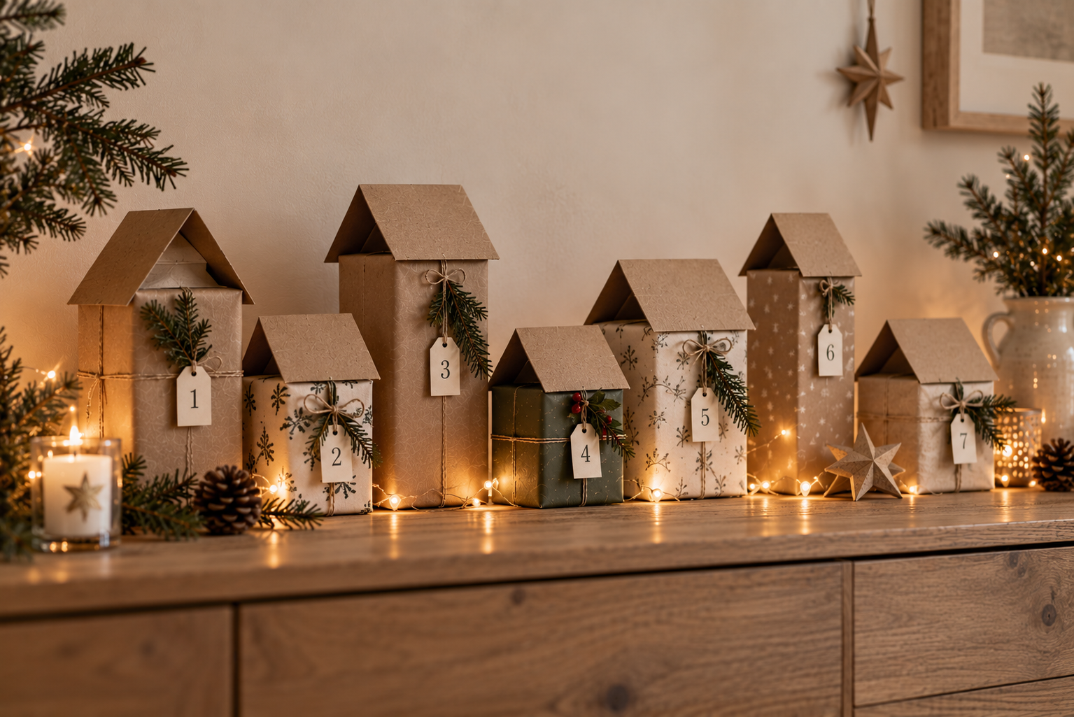 Kleine verpackte Päckchen bilden ein schlichtes Adventskalender-Weihnachtsdorf