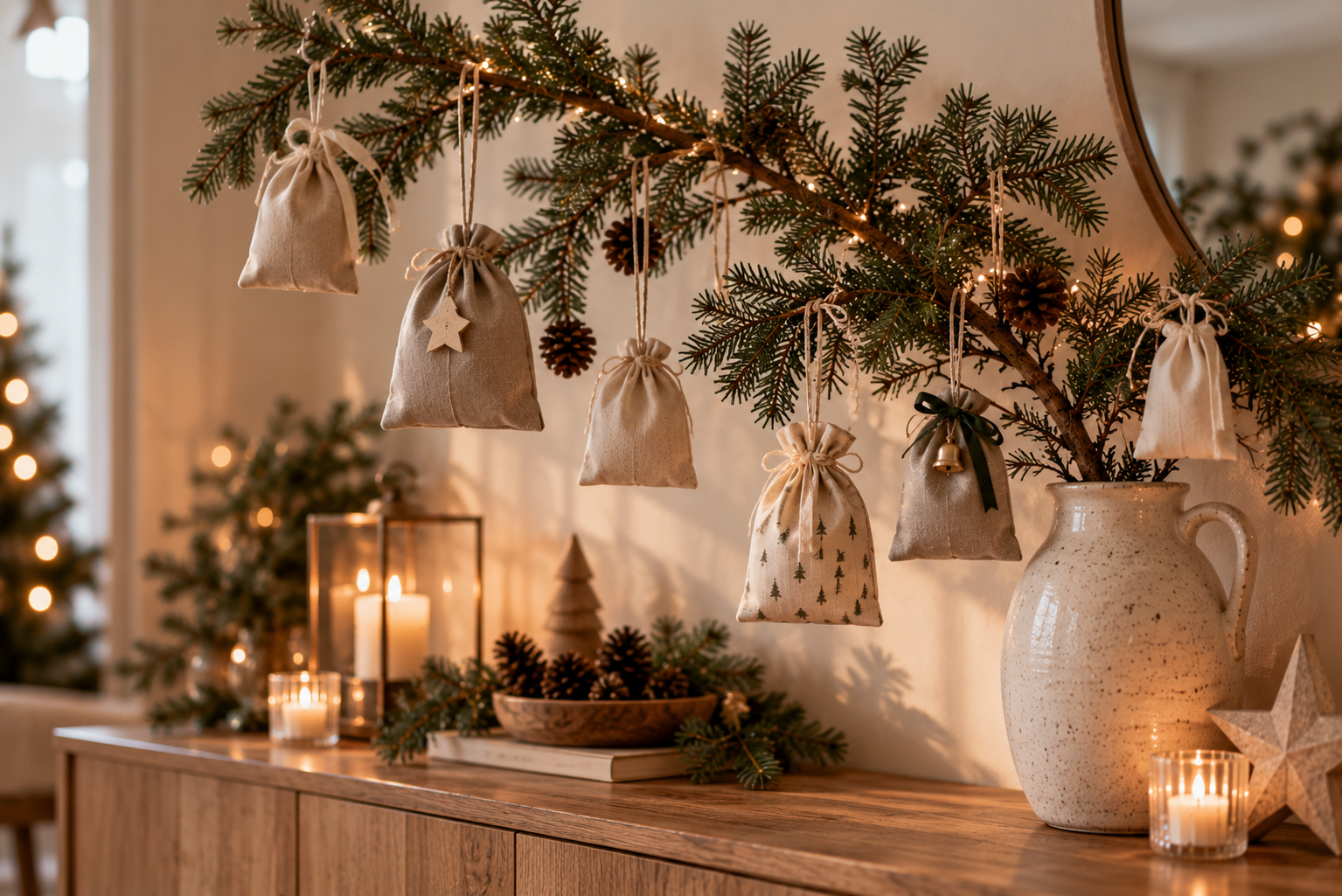 Stoffbeutel hängen als Adventskalender an einem großen Zweig in einer Vase