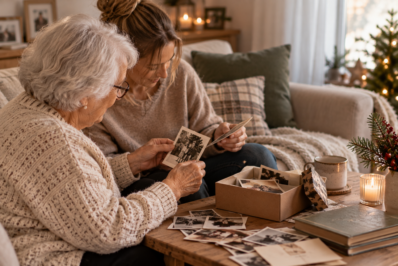 Großmutter und erwachsenes Enkelkind betrachten gemeinsam alte Familienfotos auf dem Sofa.