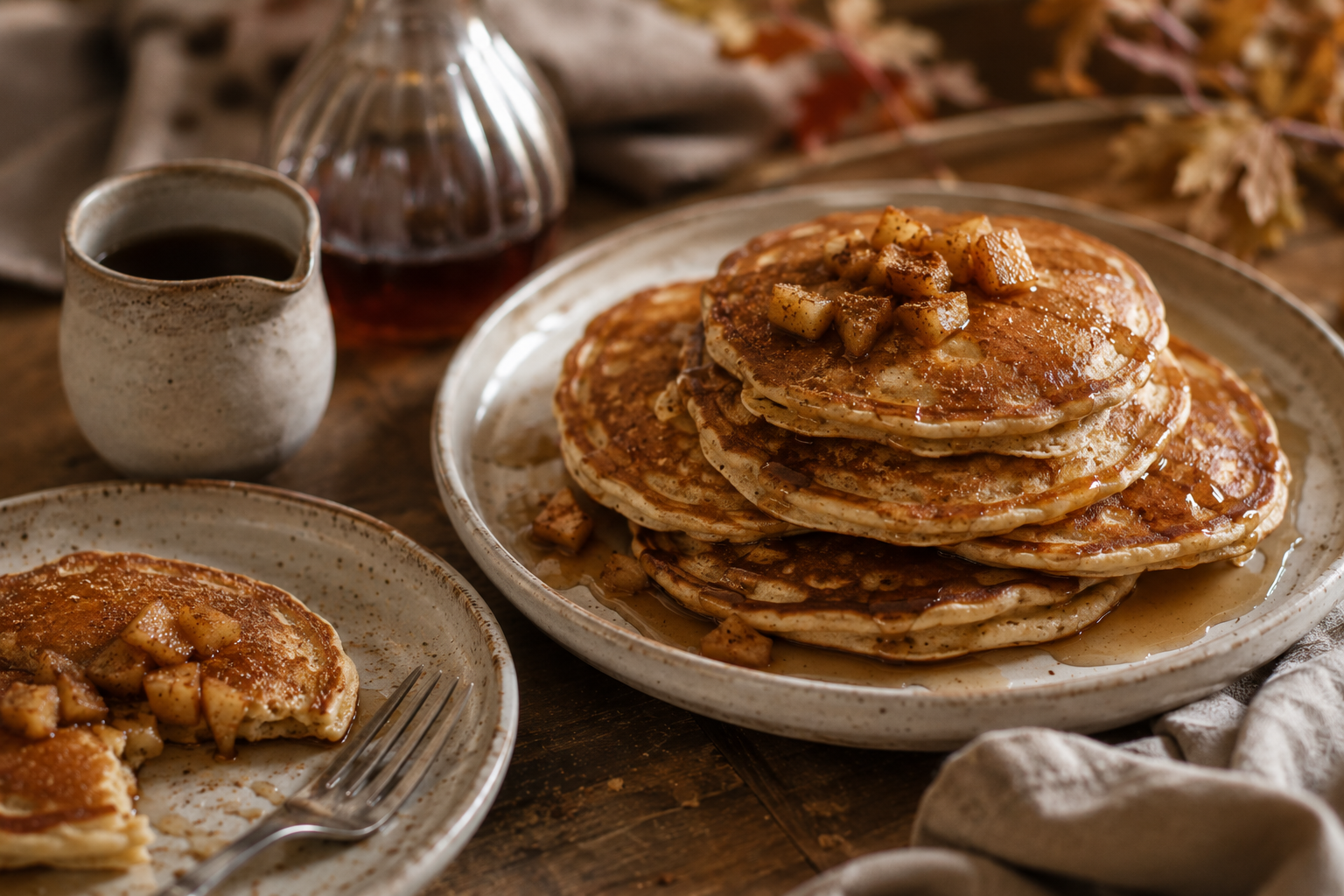 Apfel-Zimt-Pancakes mit Ahornsirup auf einer Keramikplatte