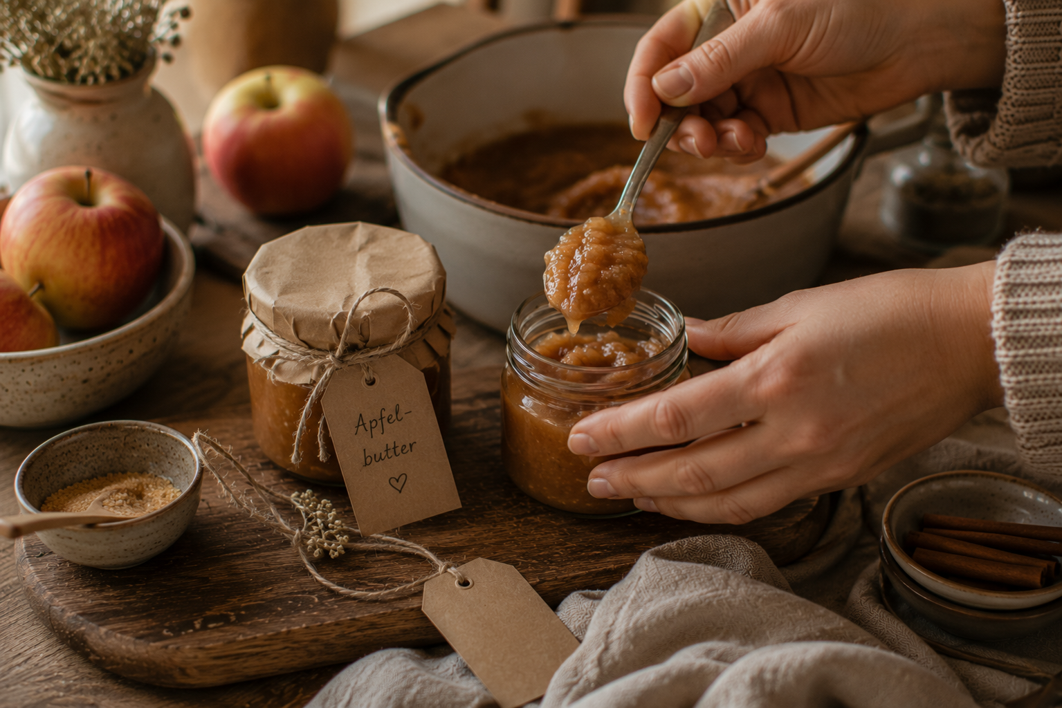 Apfelbutter als Mitbringsel Selbst gemachte Apfelbutter wird als herbstliches Mitbringsel in ein Glas gefüllt