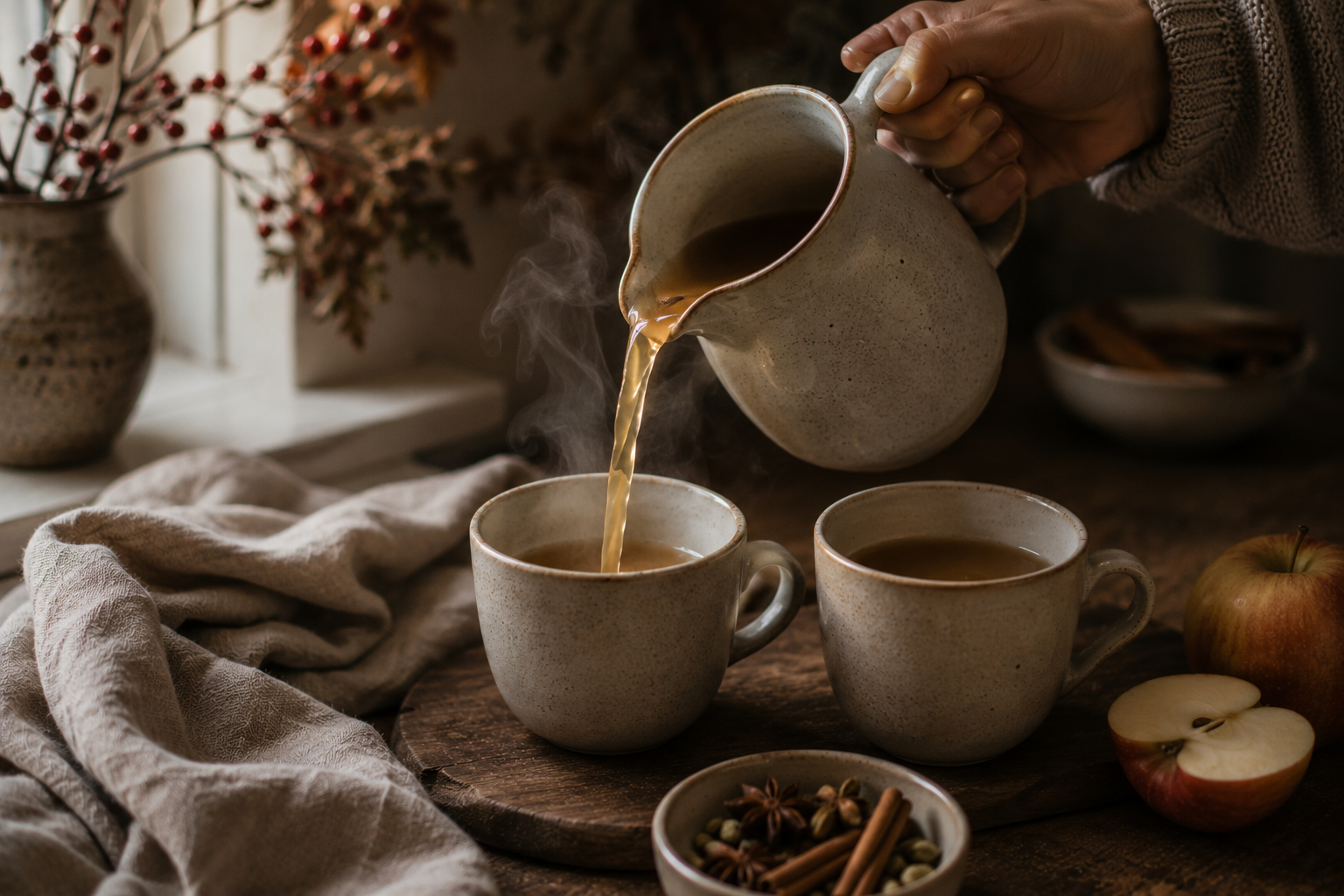 Warmer Apfelpunsch wird bei einem Herbstbrunch in eine Tasse eingeschenkt