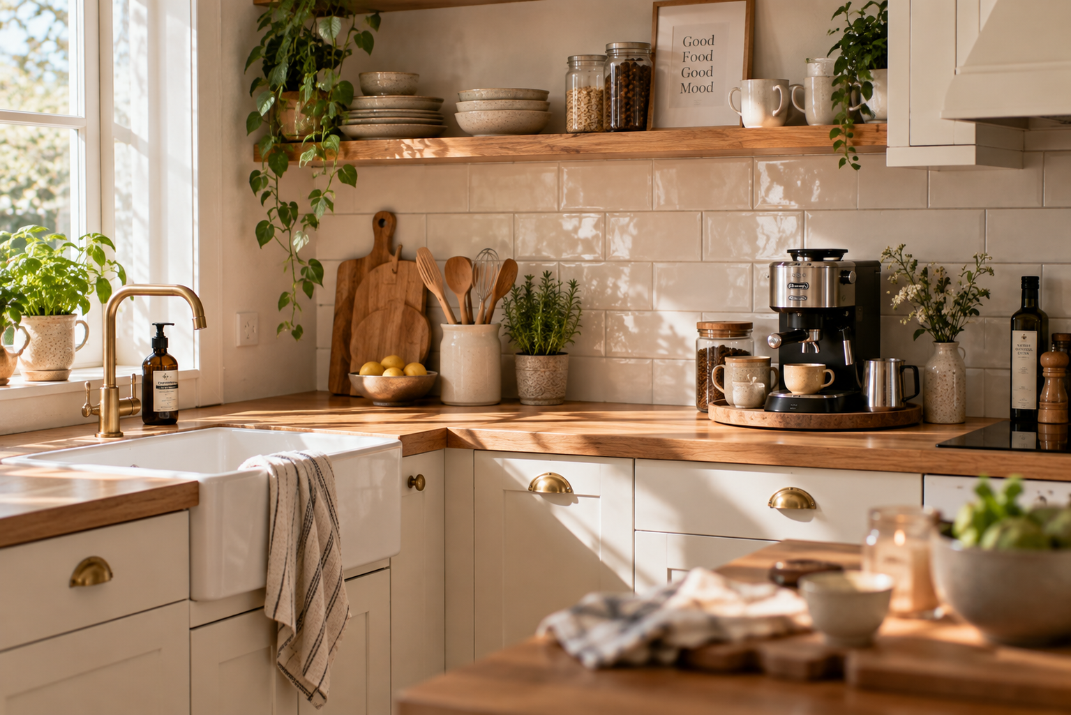 Aufgeräumte Küchenarbeitsfläche mit Kaffeemaschine und kleinem Tablett